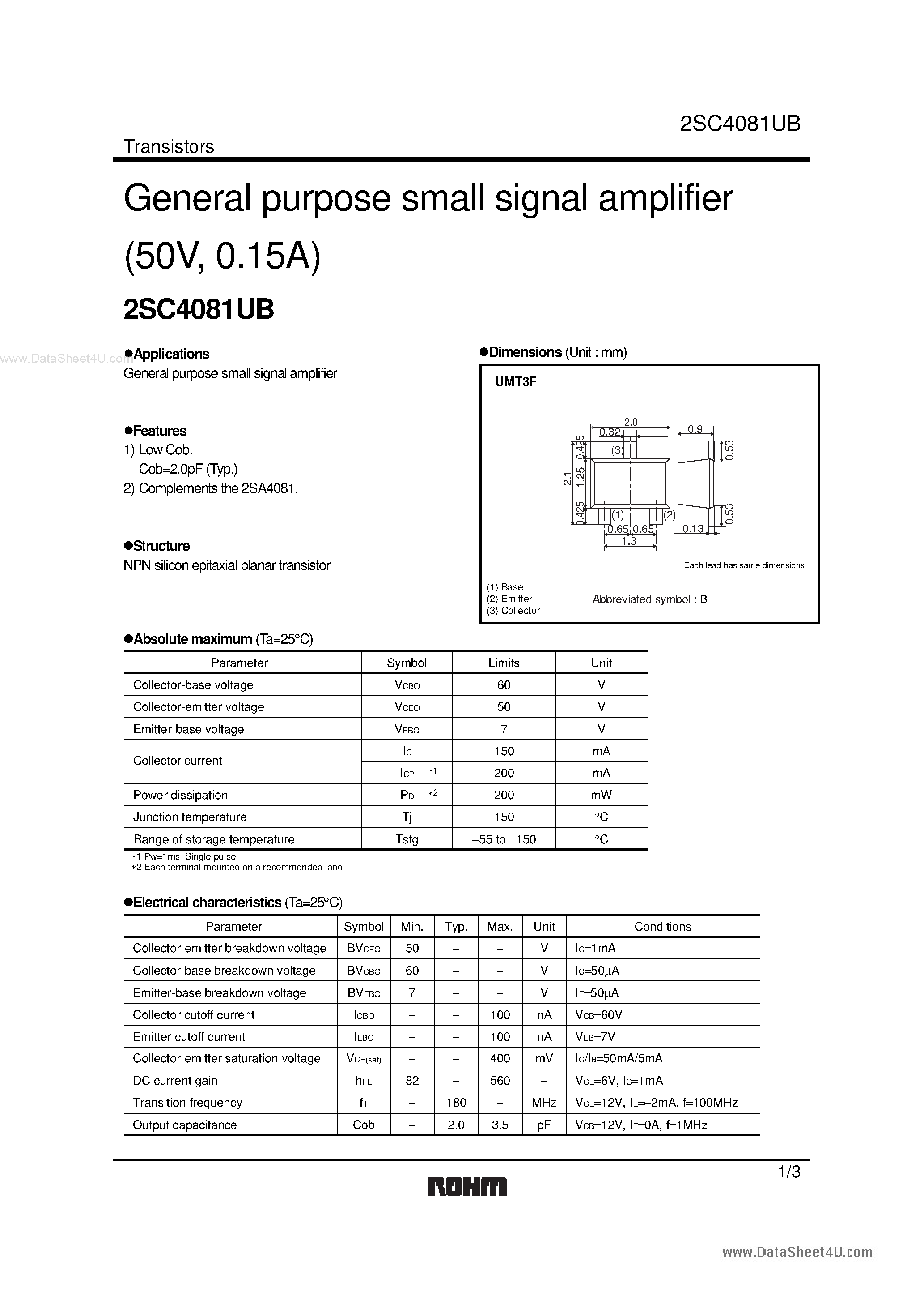 Даташит 2SC4081UB - General purpose small signal amplifier страница 1