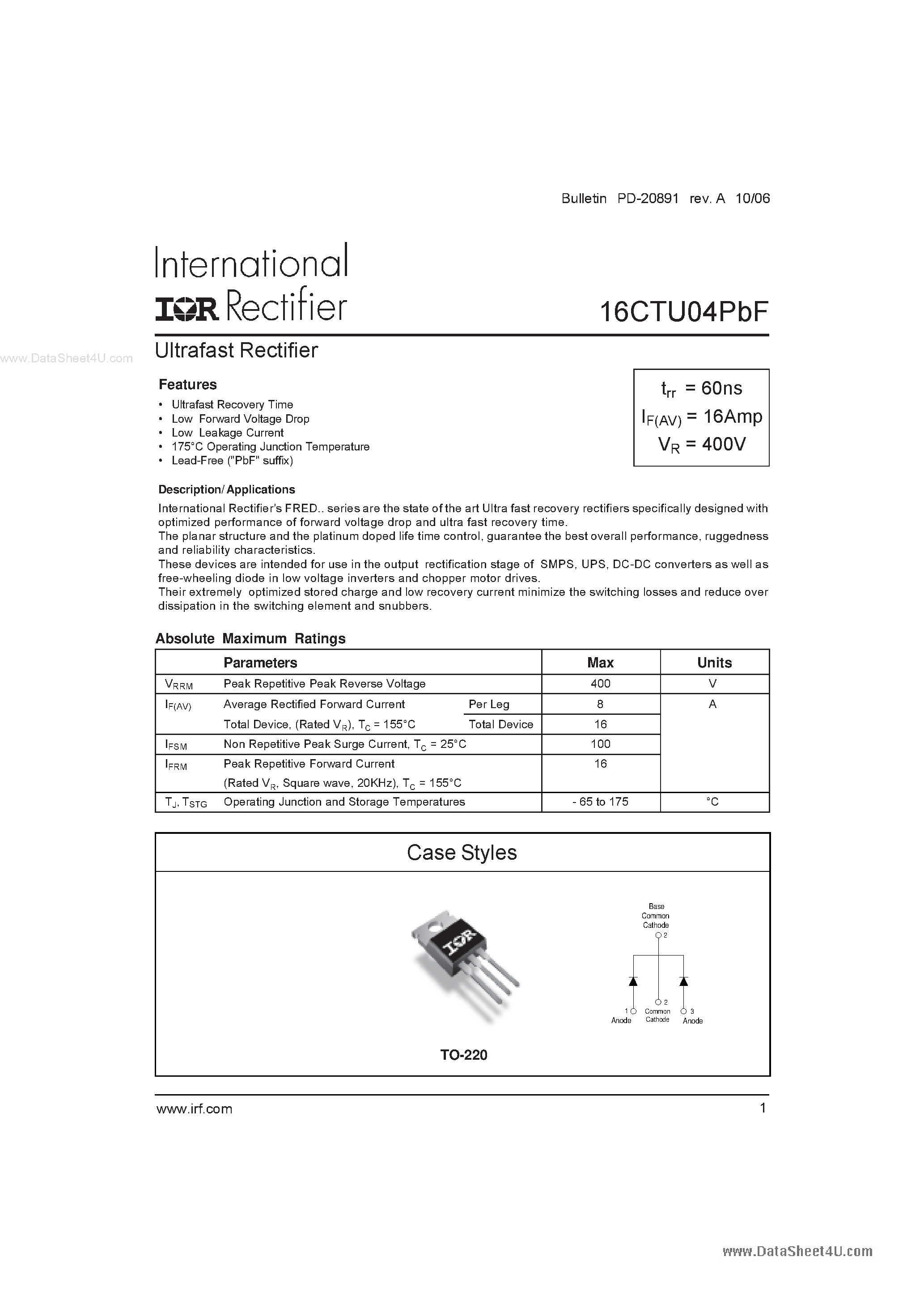 Datasheet 16CTU04PBF - Ultrafast Rectifier page 1