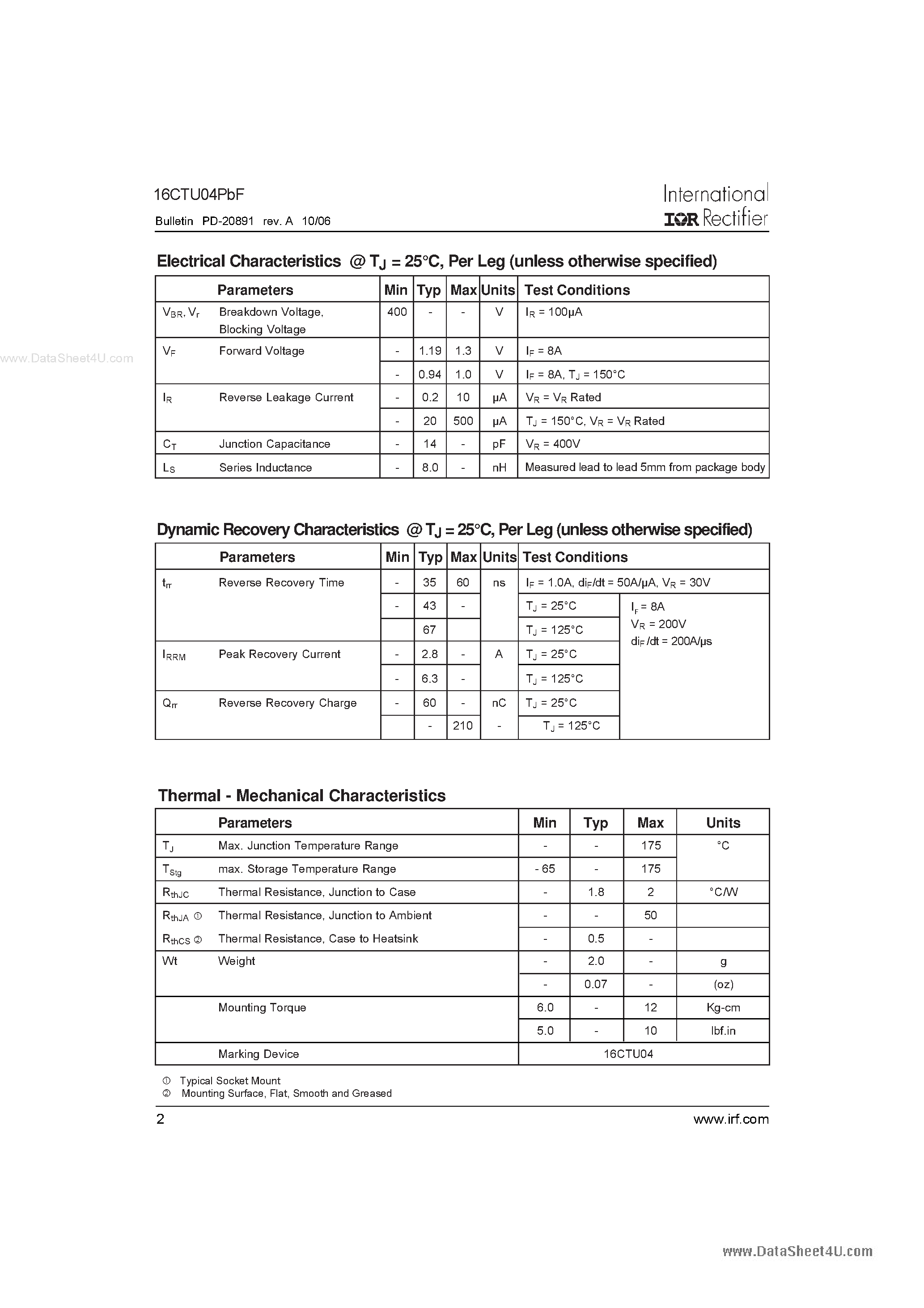 Datasheet 16CTU04PBF - Ultrafast Rectifier page 2