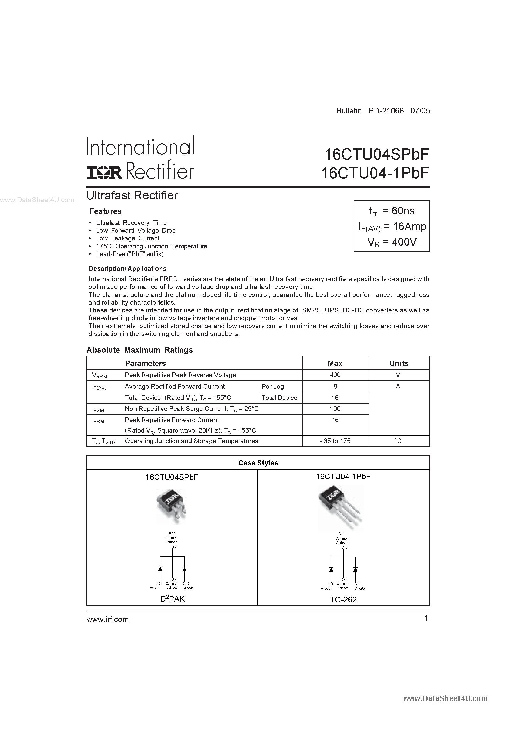 Datasheet 16CTU04-1PBF - Ultrafast Rectifier page 1