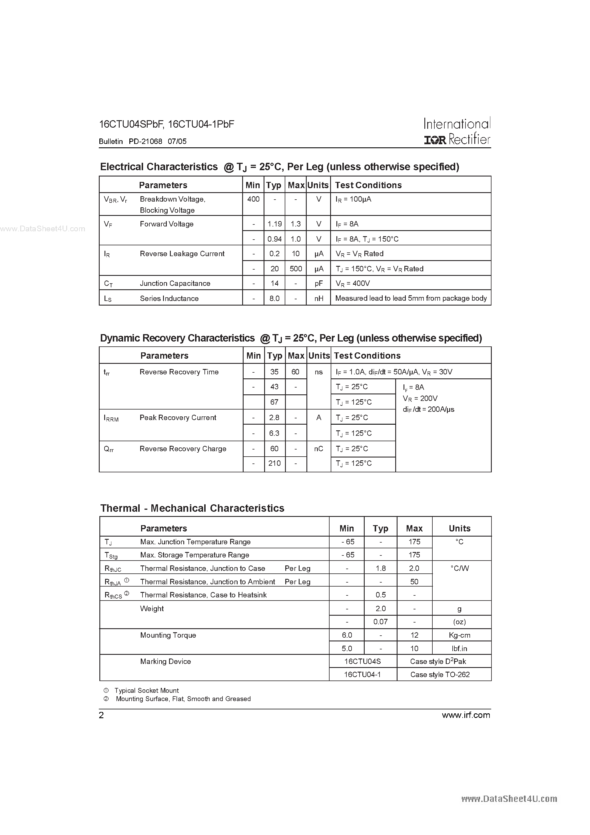 Datasheet 16CTU04-1PBF - Ultrafast Rectifier page 2