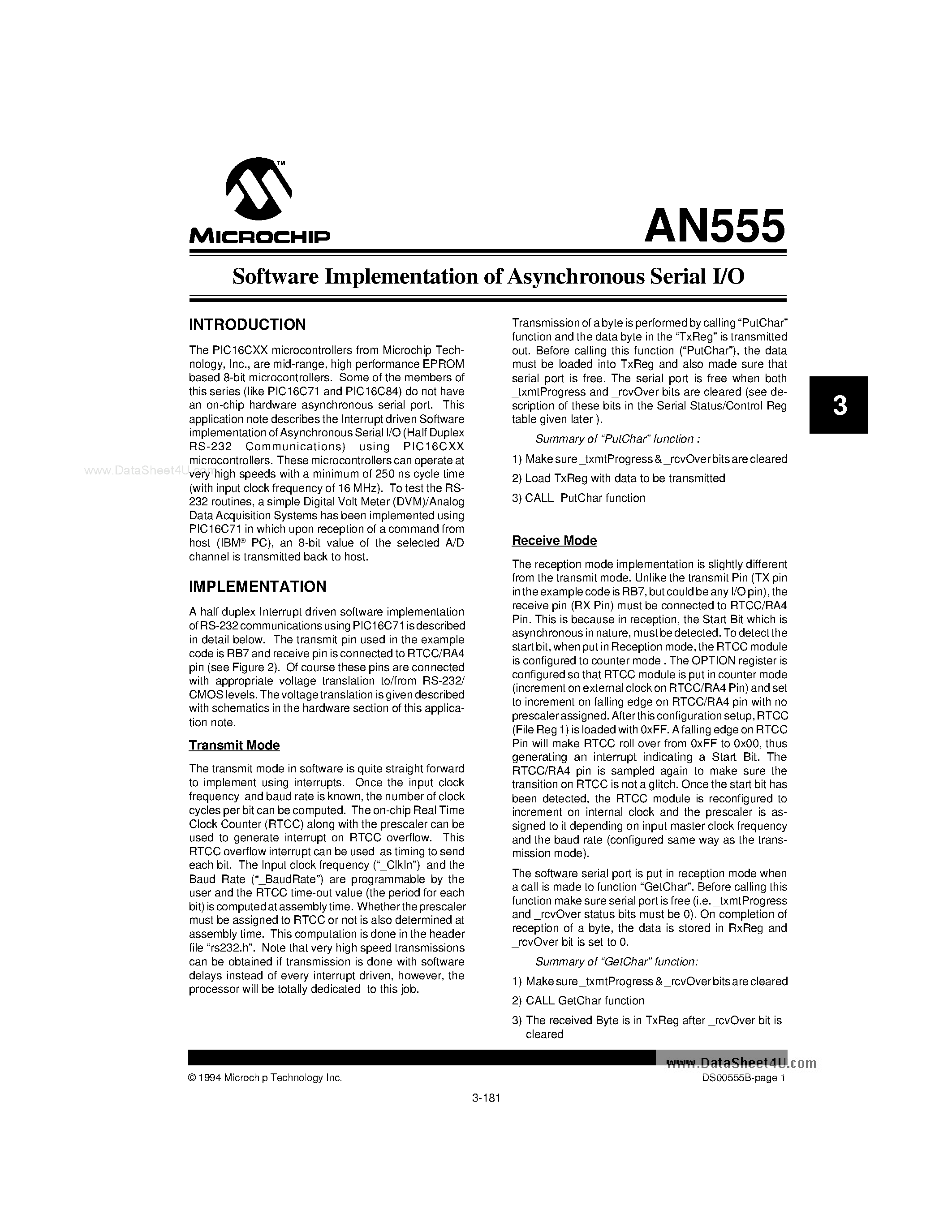 Даташит AN555 - Software Implementation of Asynchronous Serial I/O страница 1