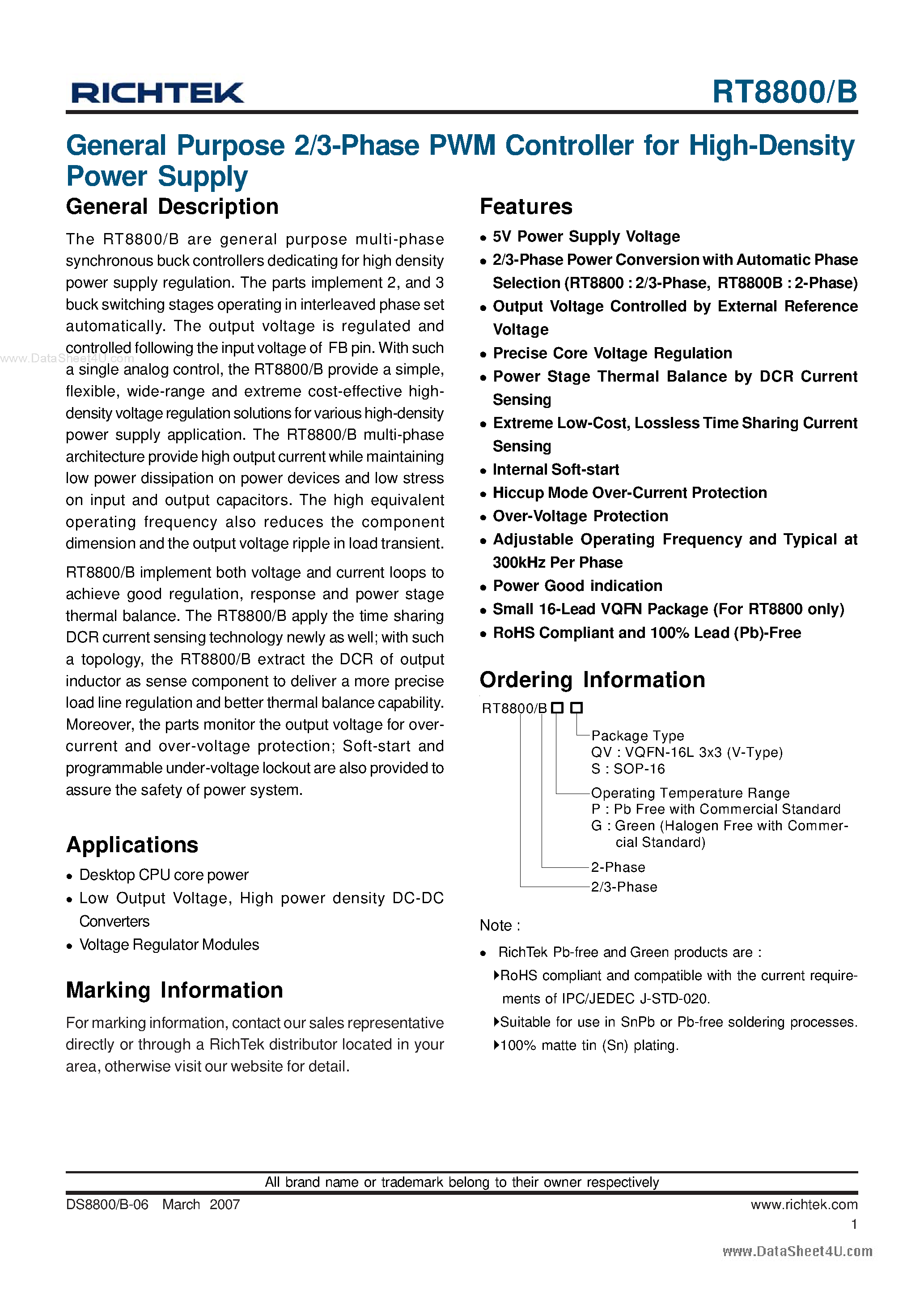 Даташит RT8800 - General Purpose 2/3-Phase PWM Controller страница 1