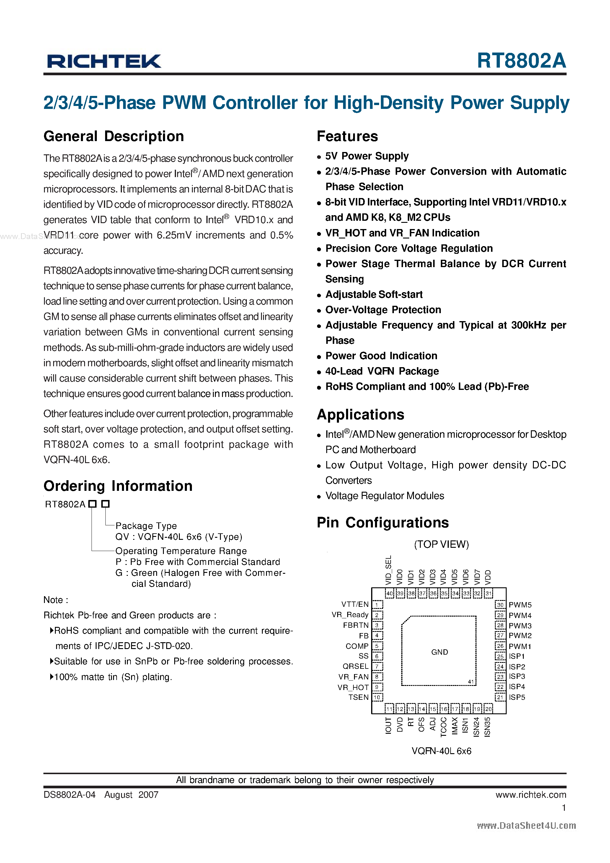 Даташит RT8802A - 2/3/4/5-Phase PWM Controller страница 1