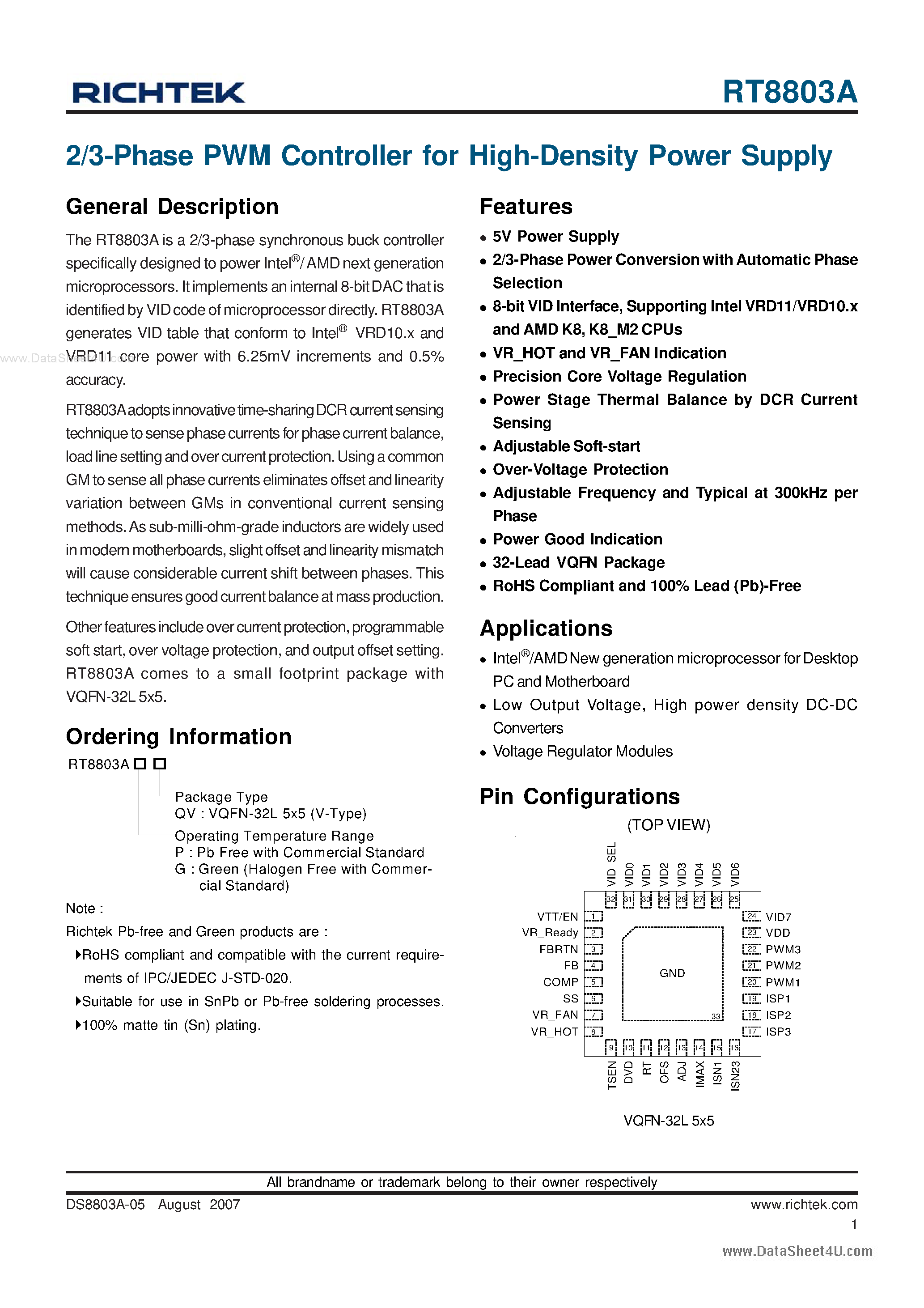 Даташит RT8803A - 2/3-Phase PWM Controller страница 1