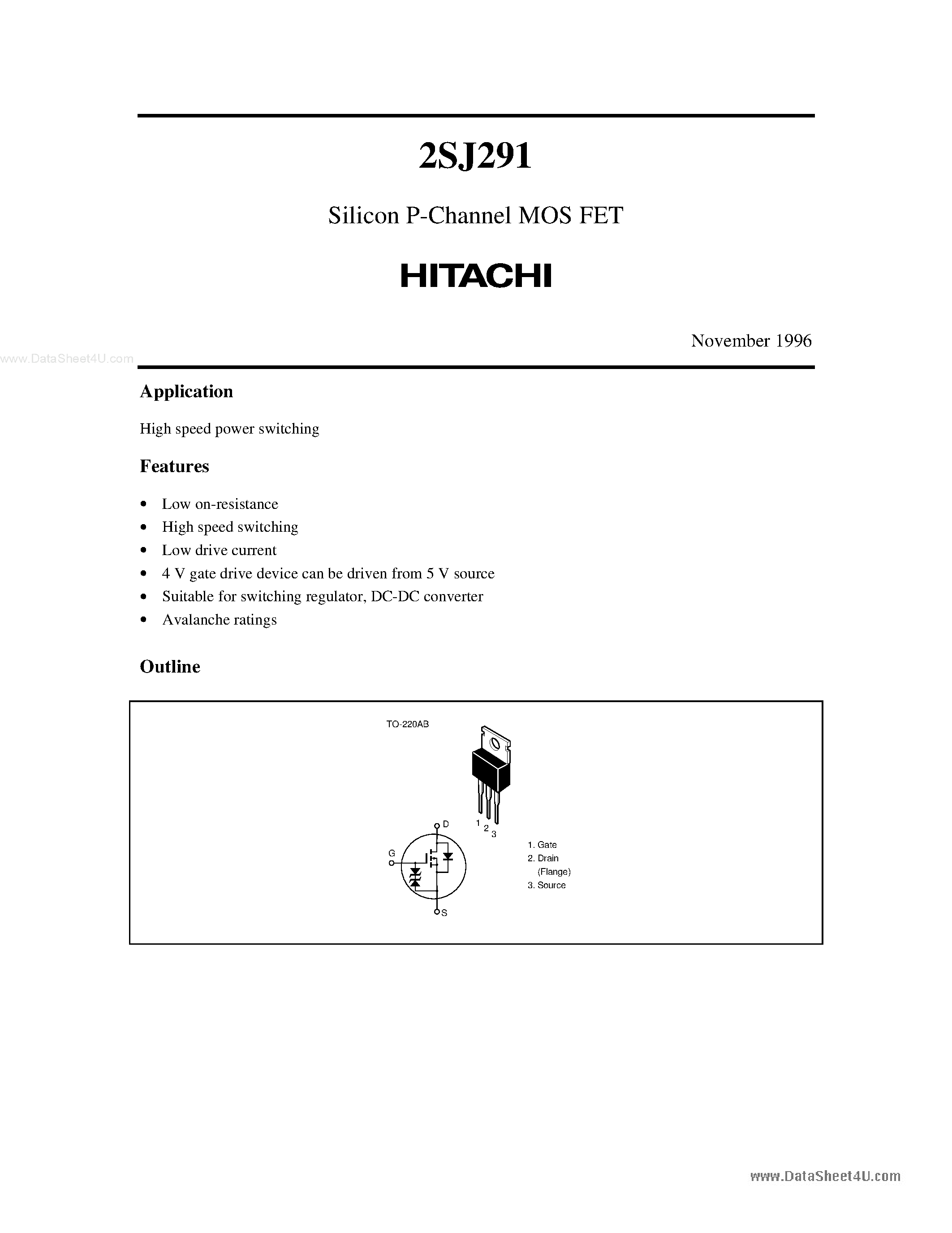 Даташит 2SJ291 - Silicon P-Channel MOS FET страница 1