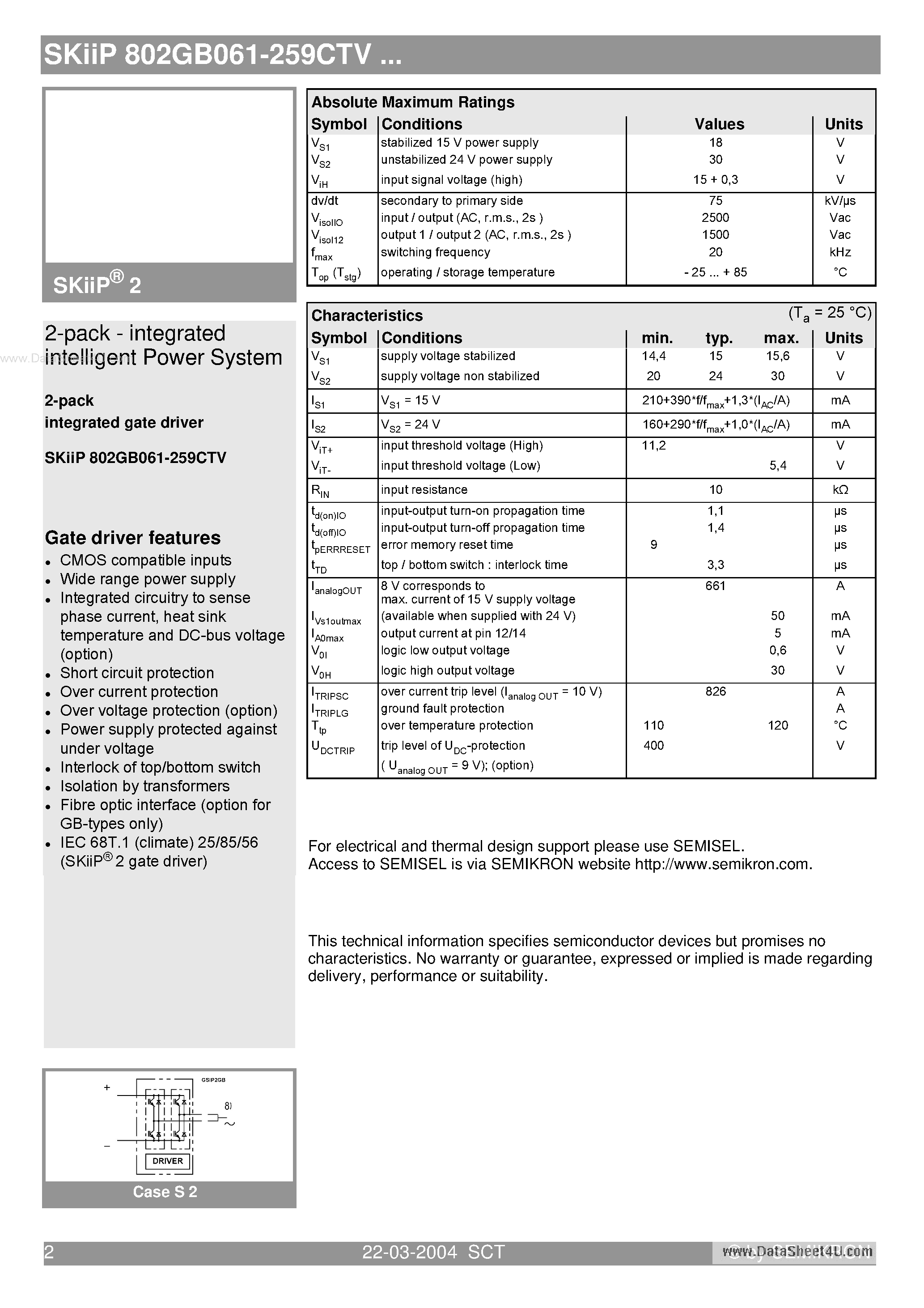 Даташит SKIIP802GB061-259CTV - 2-pack - integrated intelligent Power System страница 2