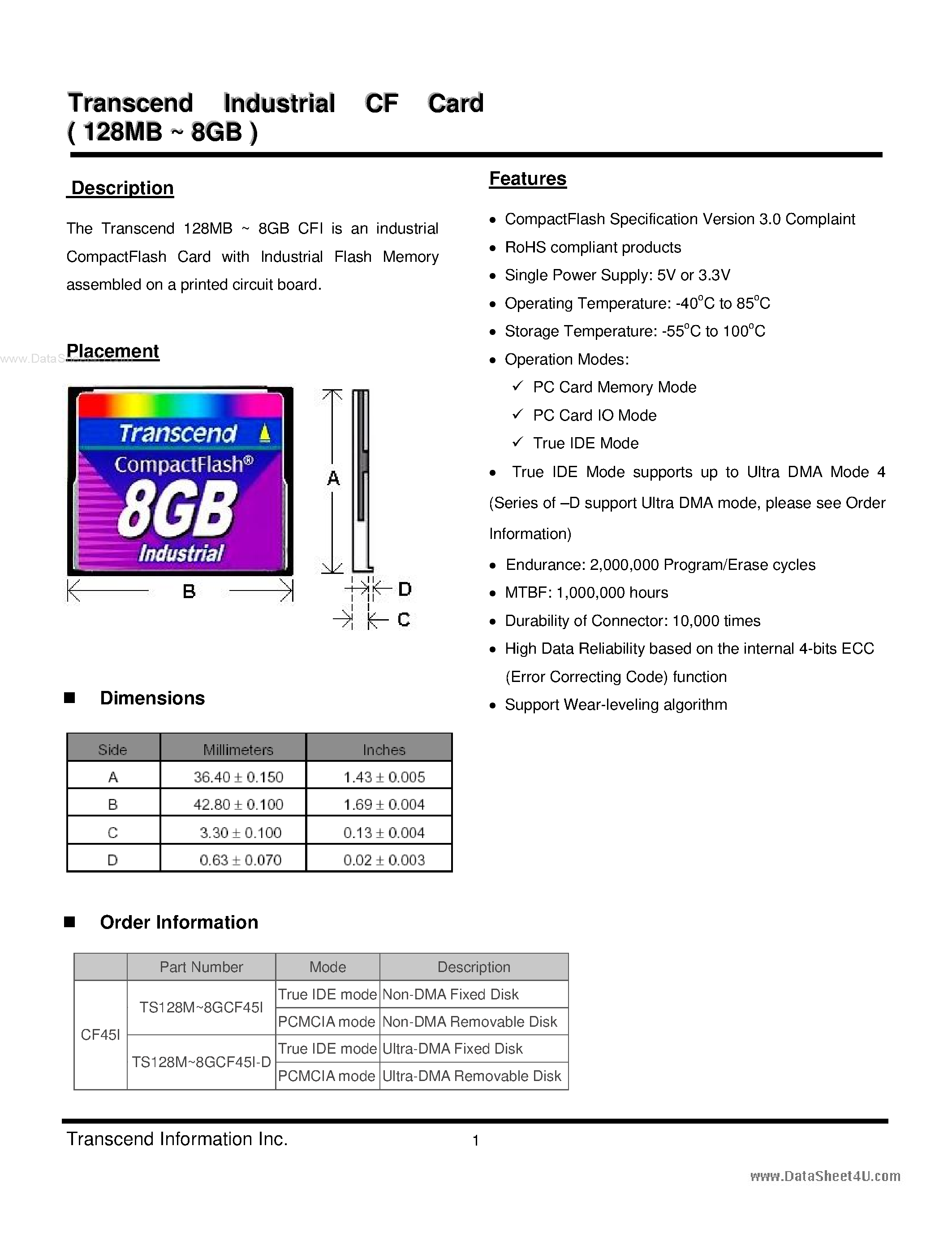 Даташит TS128MCF45I - Transcend Industrial CF Card страница 1