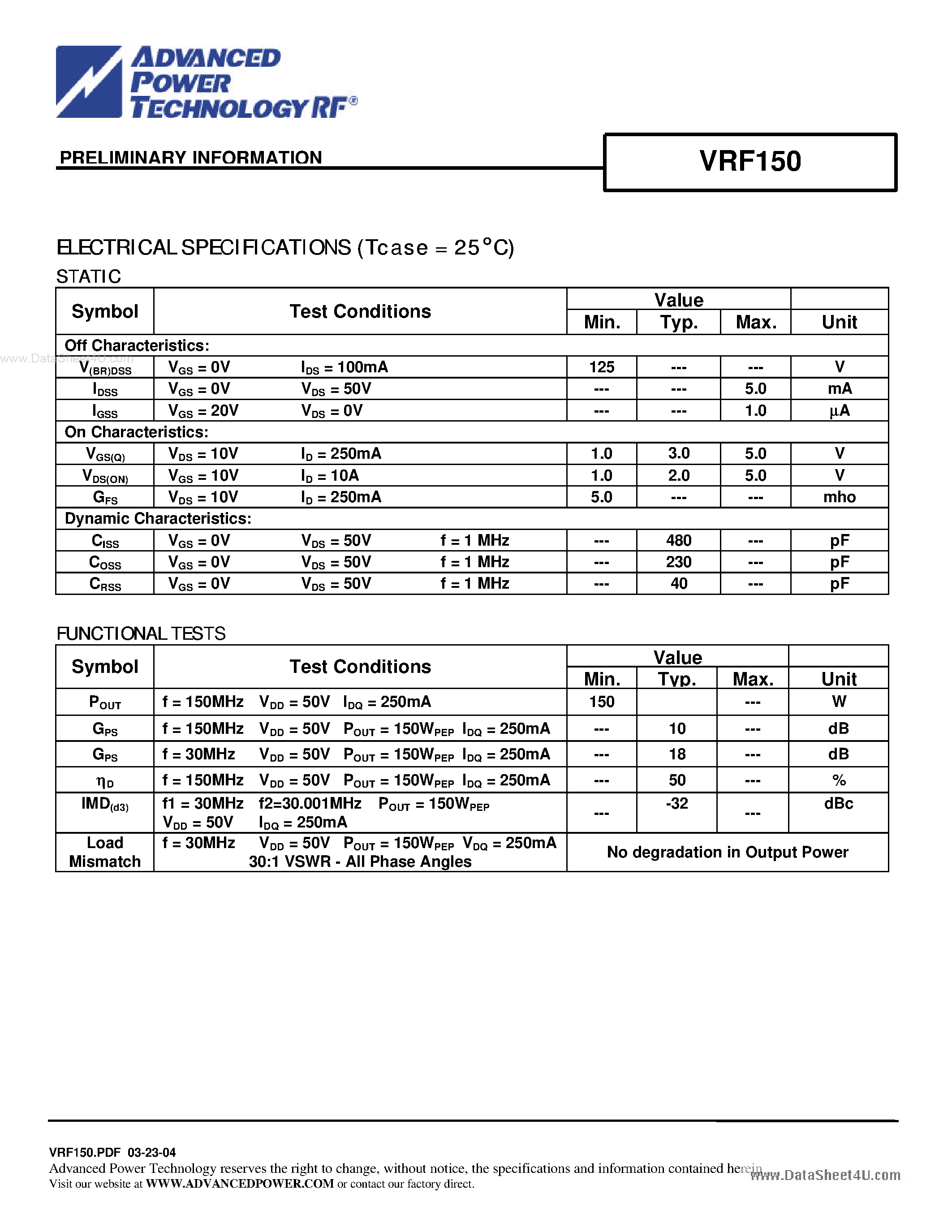 Даташит VRF150 - N-CHANNEL RF POWER VERTICAL MOSFET страница 2