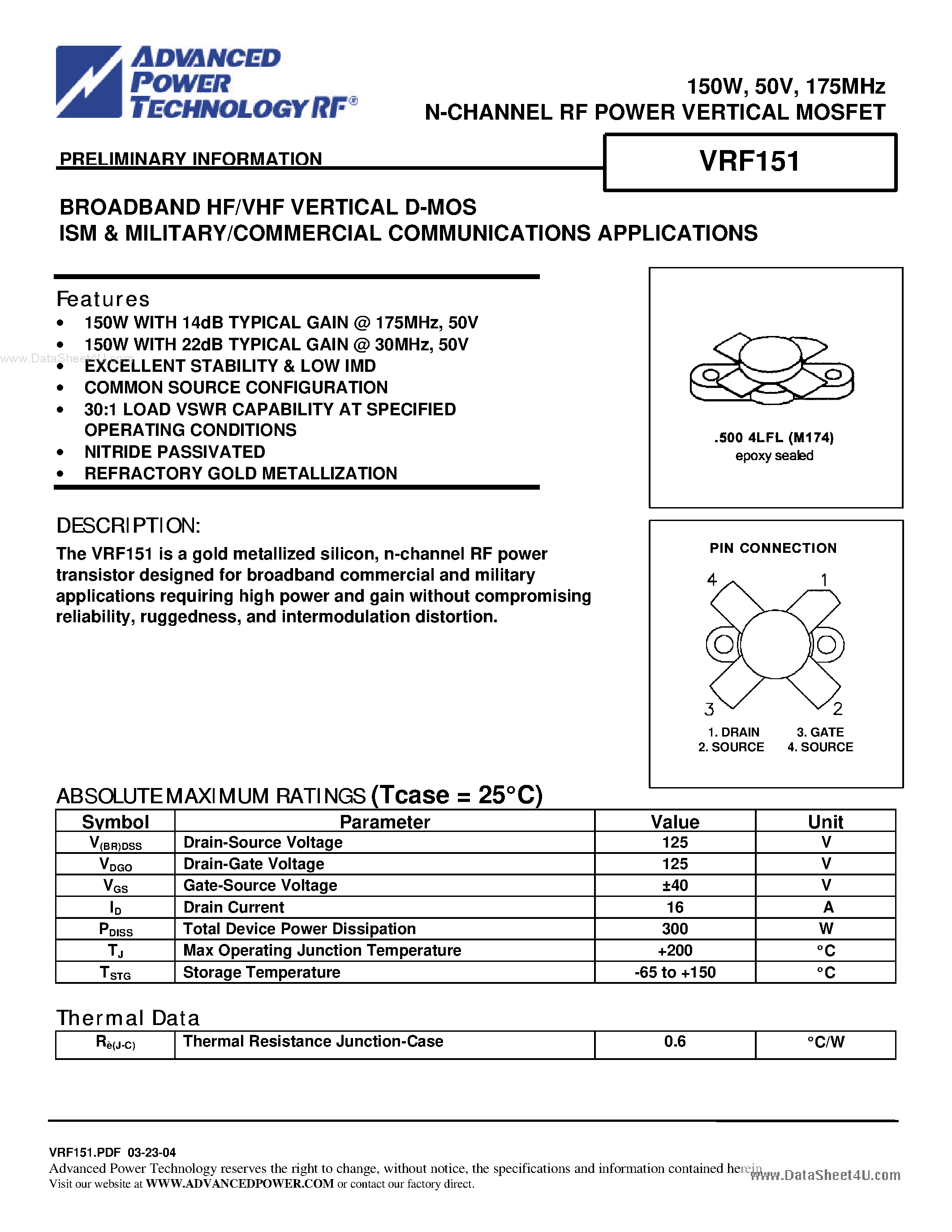 Даташит VRF151 - N-CHANNEL RF POWER VERTICAL MOSFET страница 1