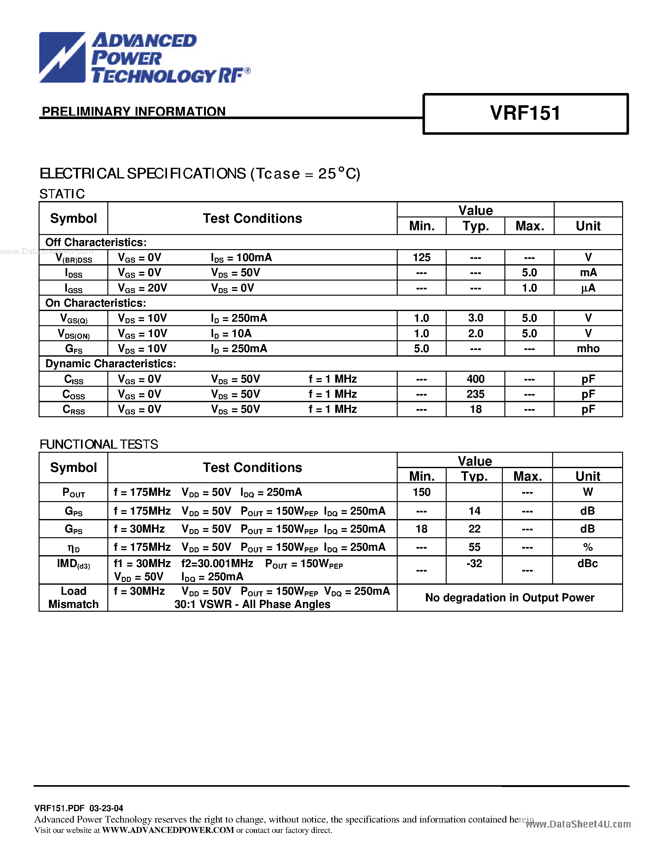 Даташит VRF151 - N-CHANNEL RF POWER VERTICAL MOSFET страница 2