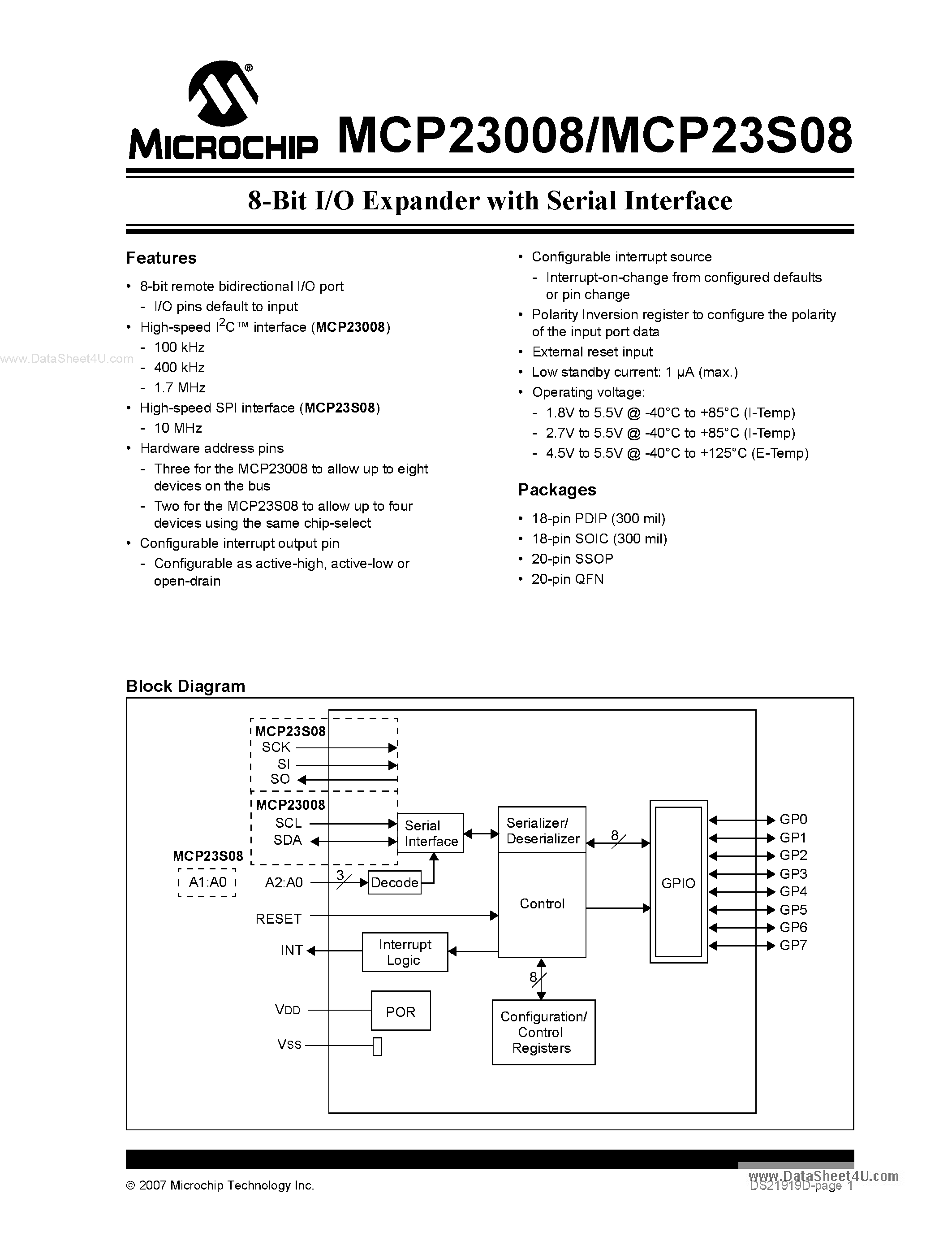 Datasheet MCP23008 - (MCP23008 / MCP23S08) 8-Bit I/O Expander page 1