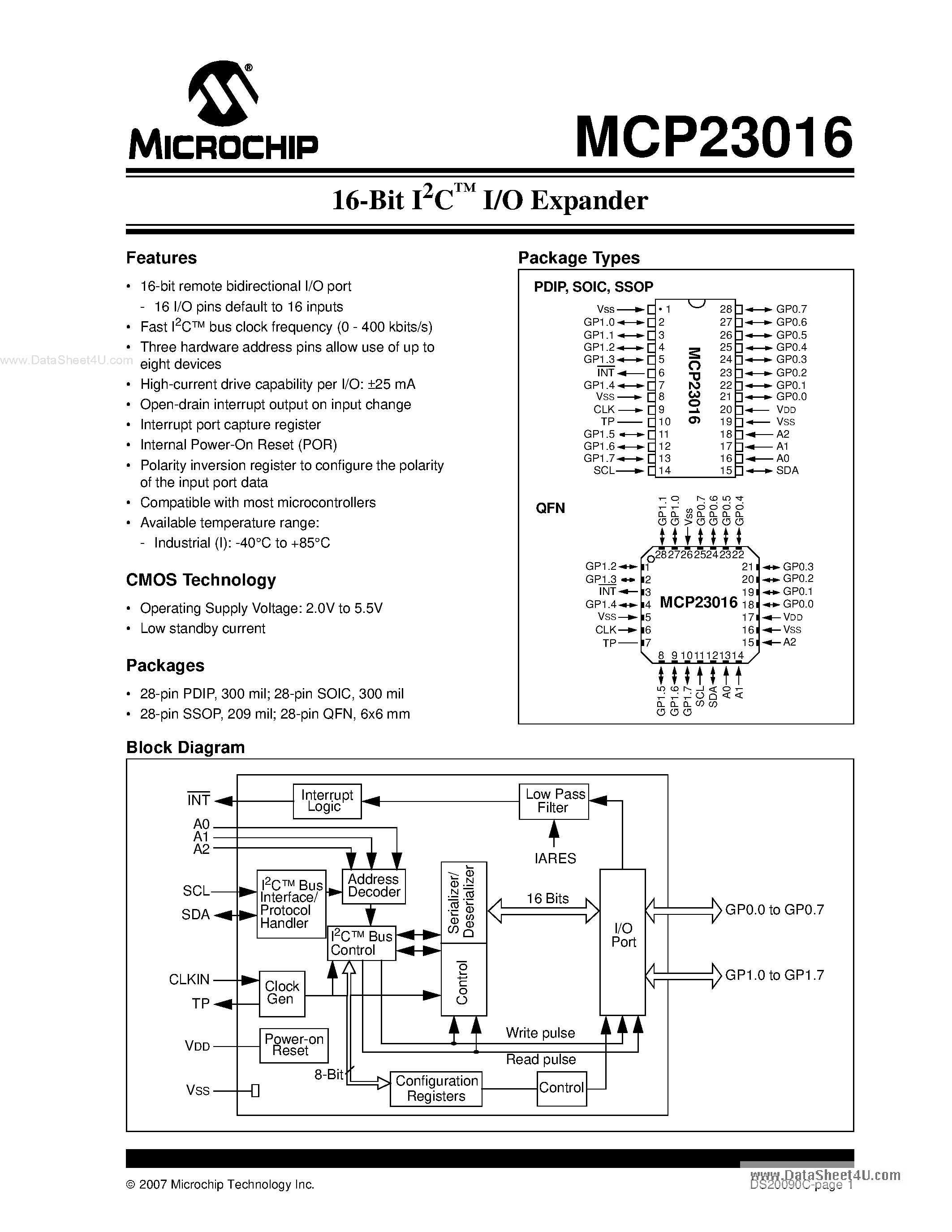 Datasheet MCP23016 - 16-Bit I2C I/O Expander page 1