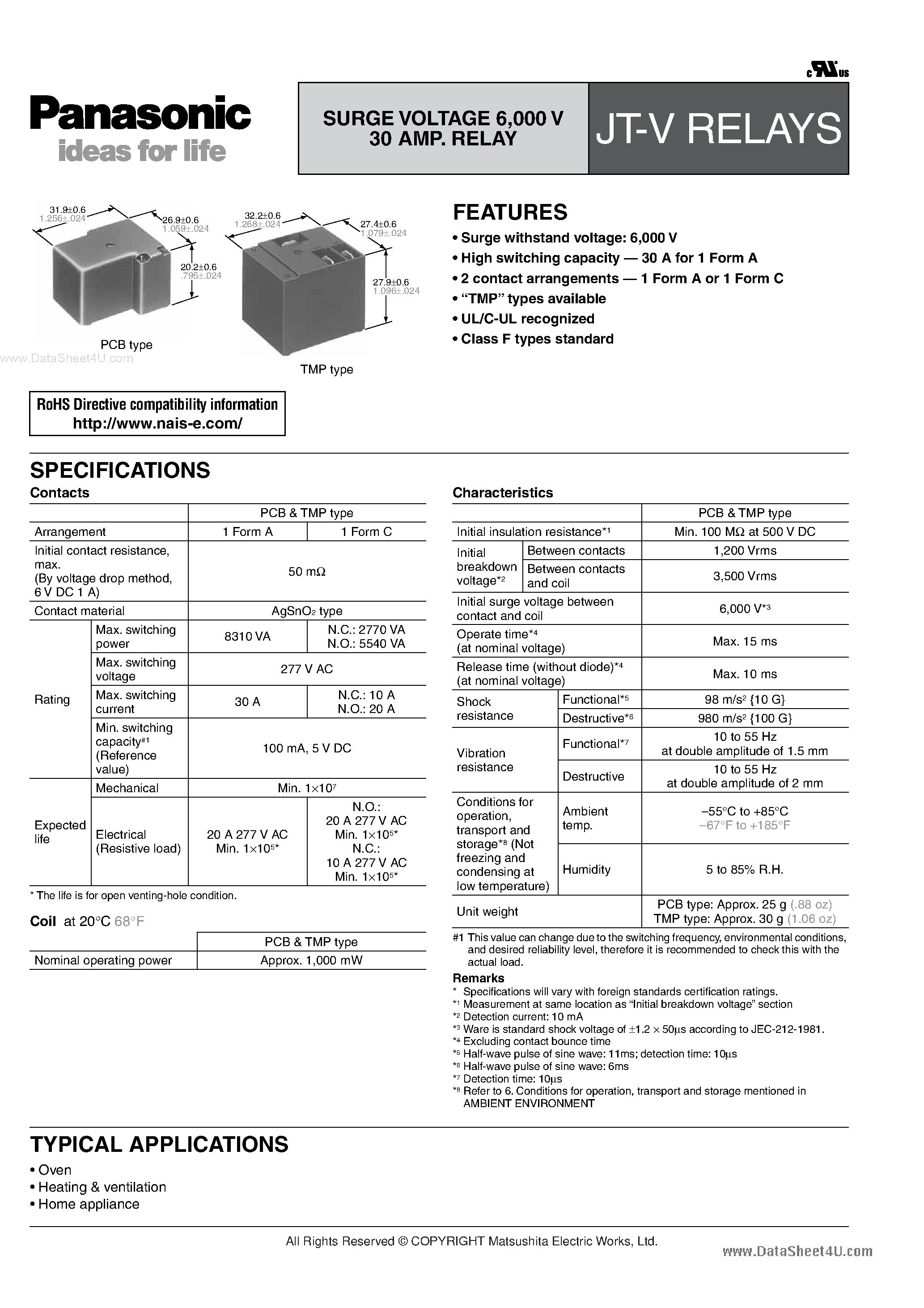 Даташит JTV1AG-PA-xxV - High Capacity Power Relay страница 1