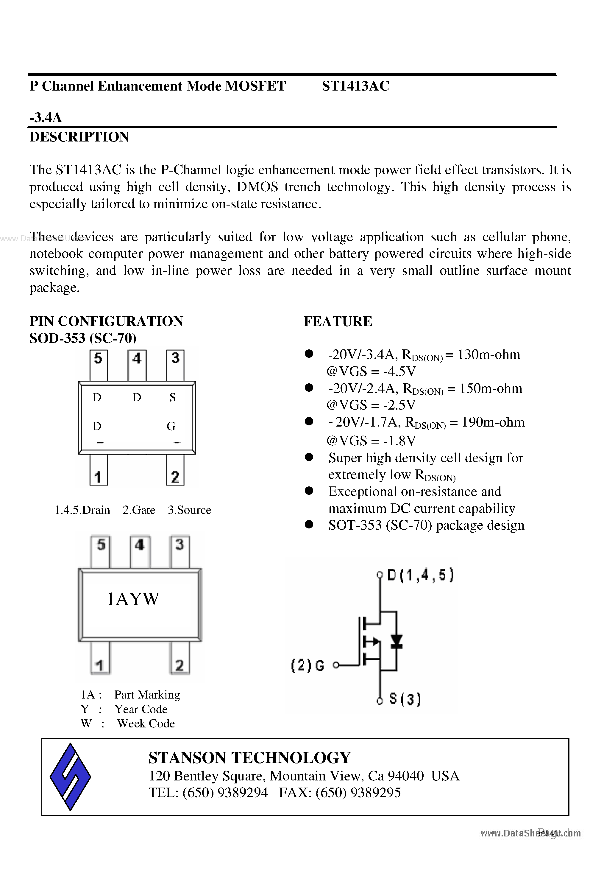 Datasheet ST1413AC - P Channel Enhancement Mode MOSFET page 1