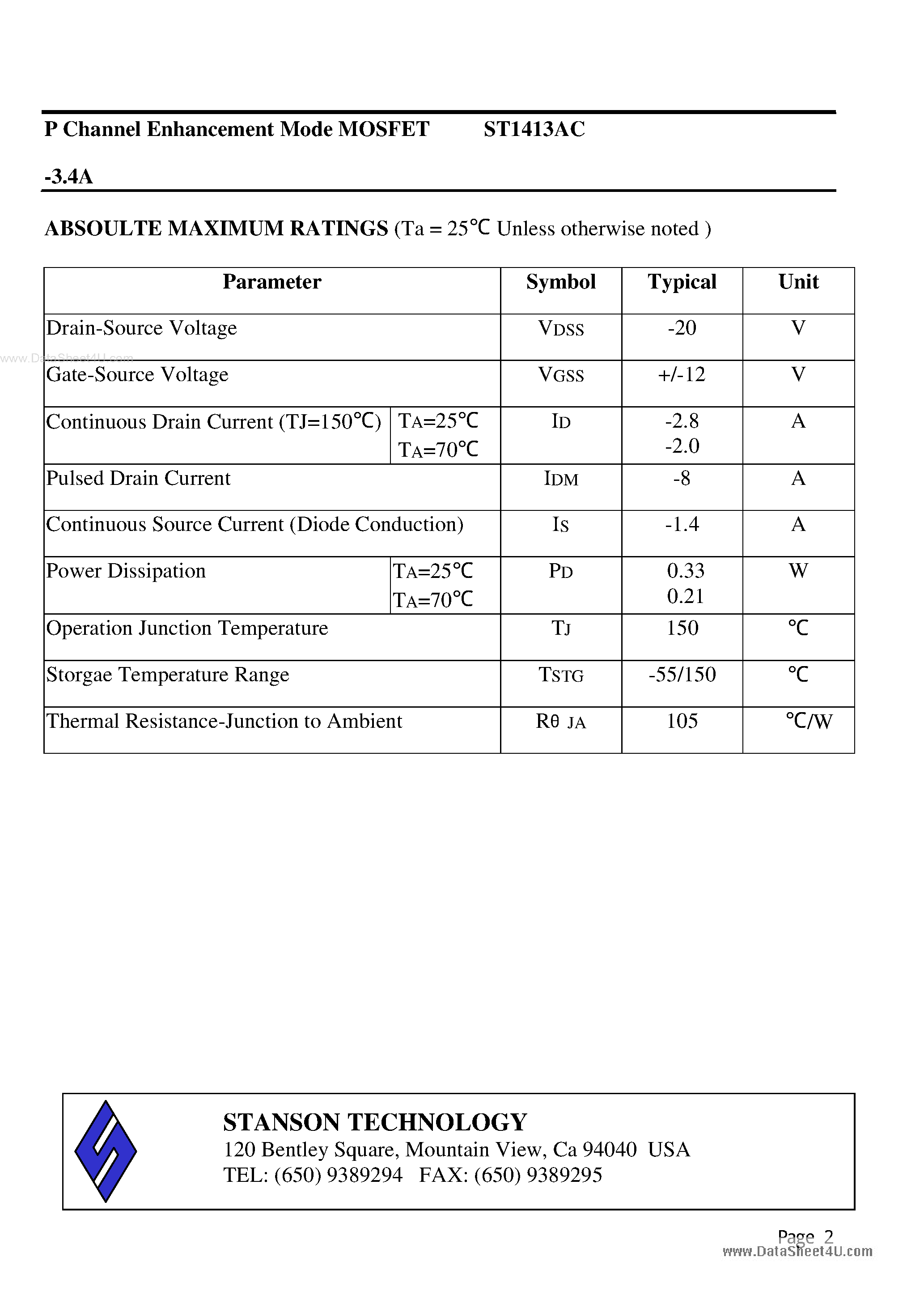 Datasheet ST1413AC - P Channel Enhancement Mode MOSFET page 2