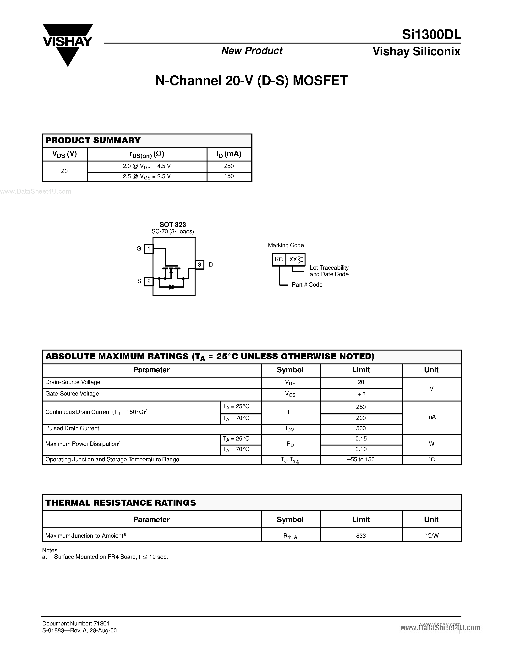 Даташит SI1300DL - N-Channel 20-V (D-S) MOSFET страница 1