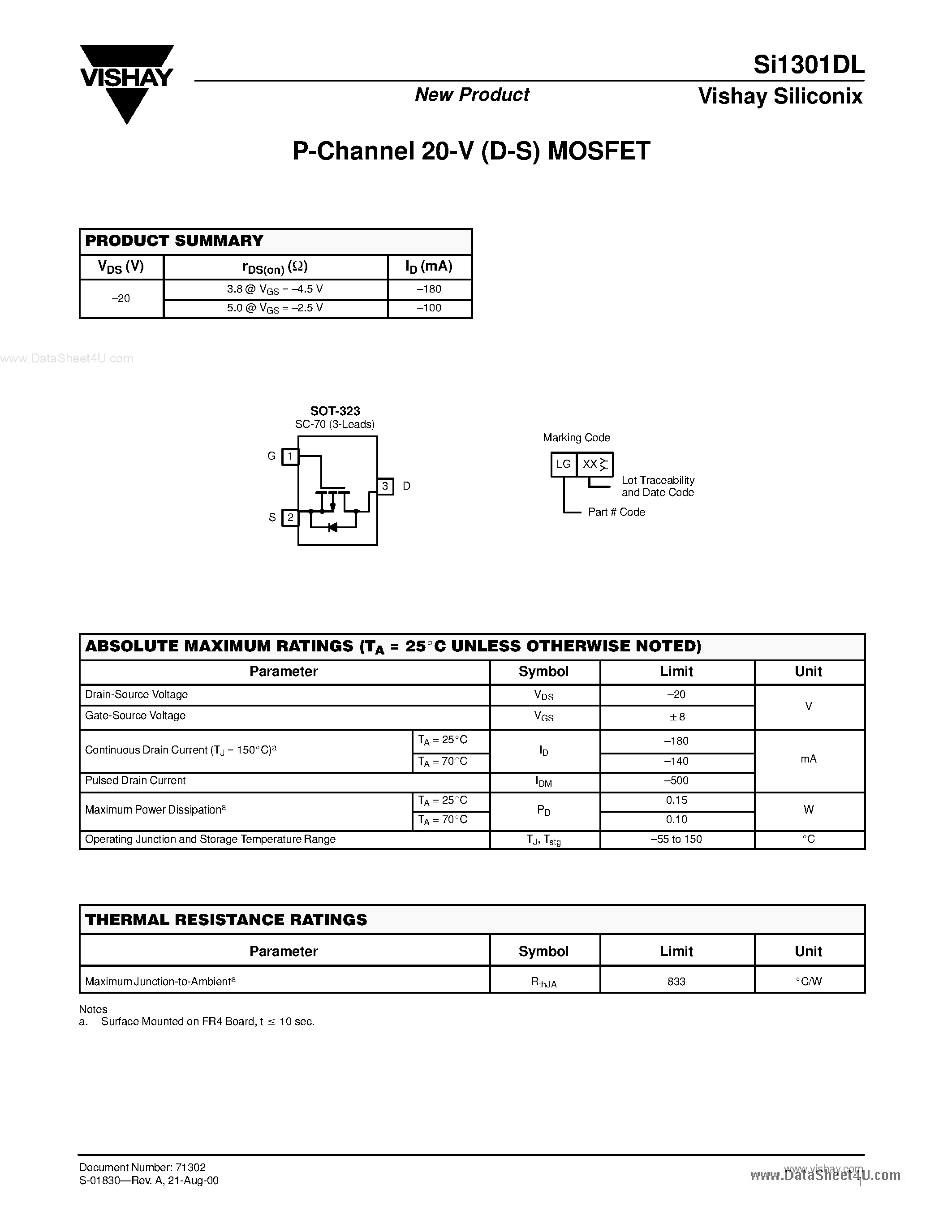 Даташит SI1301DL - P-Channel 20-V (D-S) MOSFET страница 1