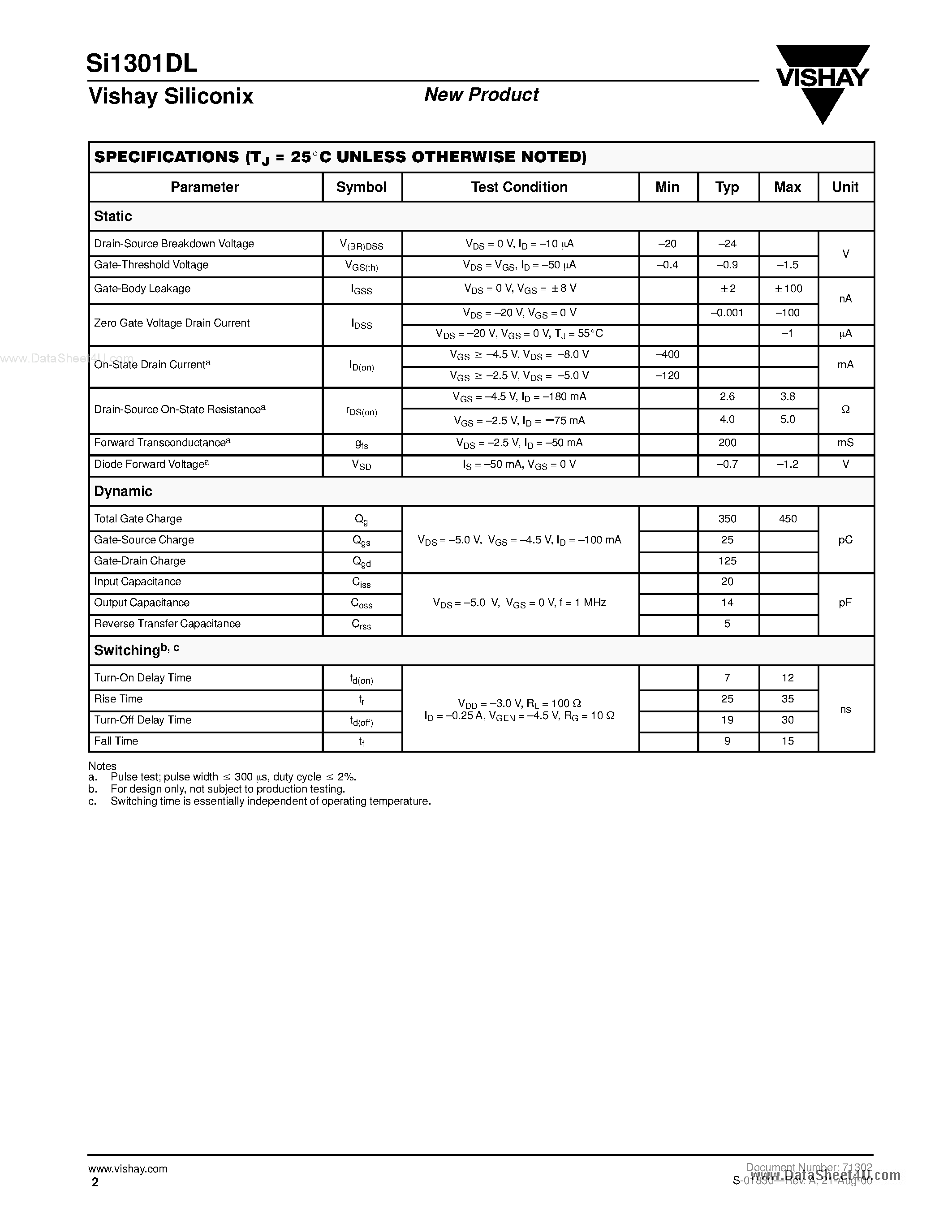 Даташит SI1301DL - P-Channel 20-V (D-S) MOSFET страница 2