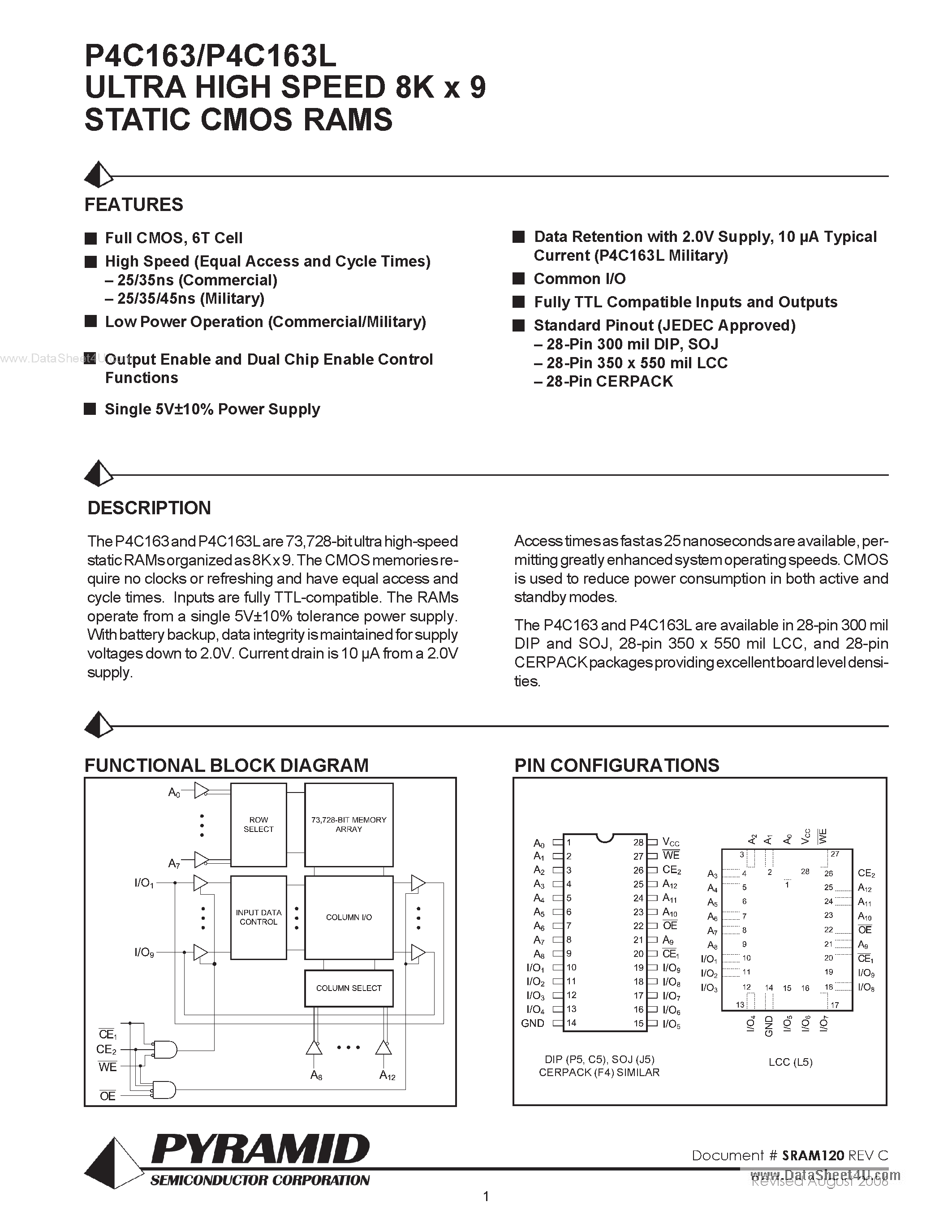 Даташит P4C163 - ULTRA HIGH SPEED 8K x 9 STATIC CMOS RAMS страница 1