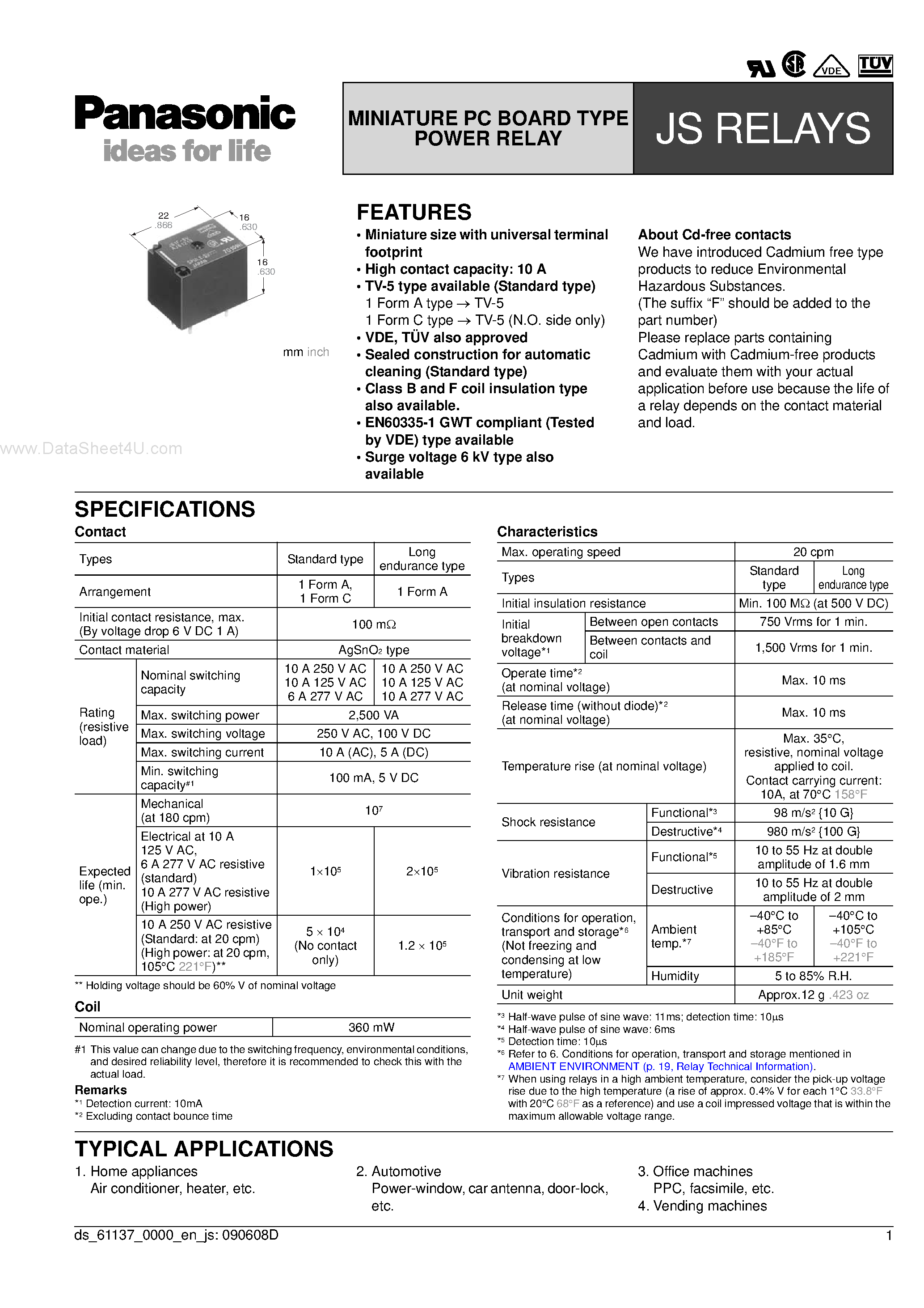 Даташит JS1-12V-F - Power Relay страница 1