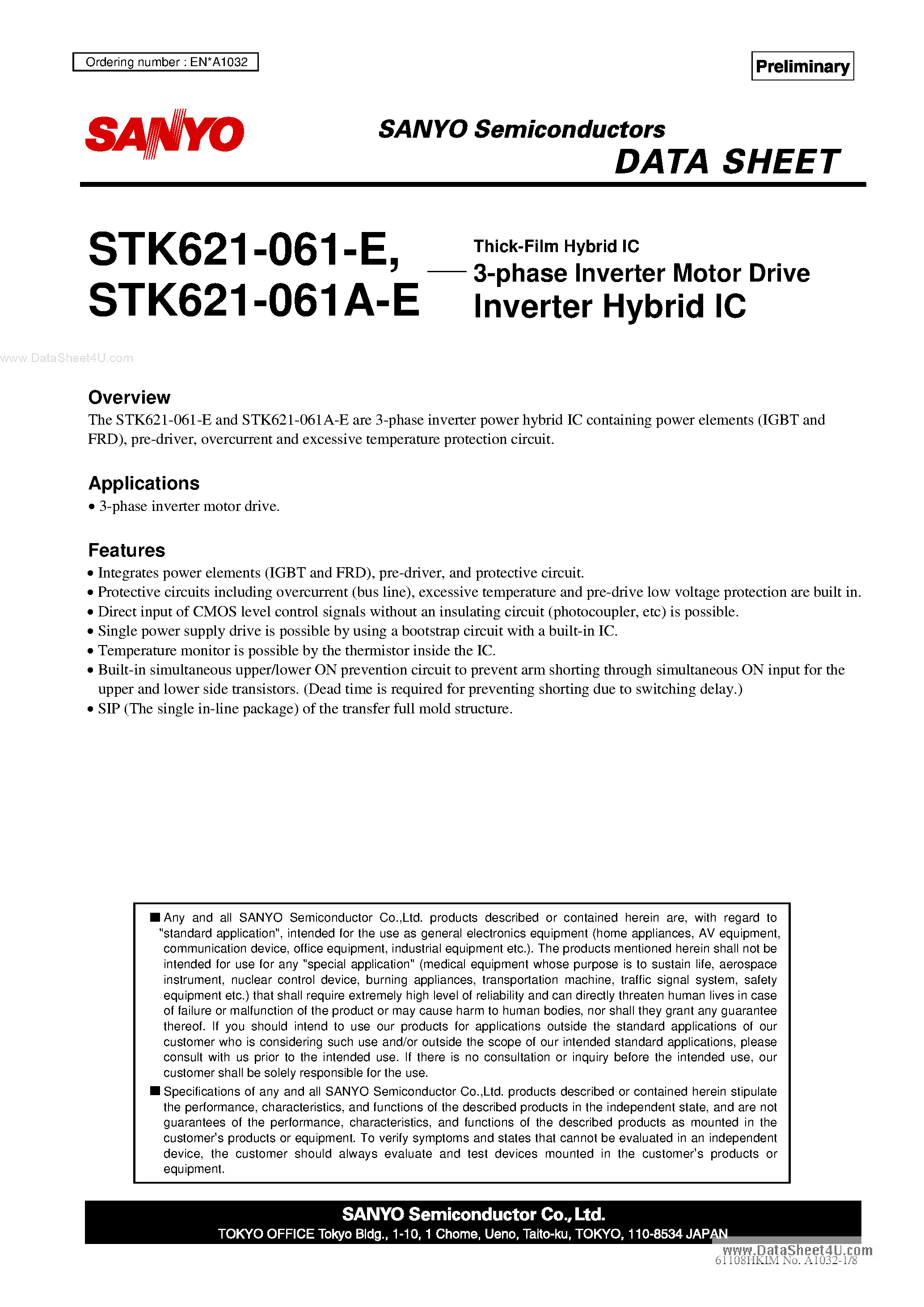 Datasheet STK621-061 - 3-Phase Inverter Motor Drive page 1