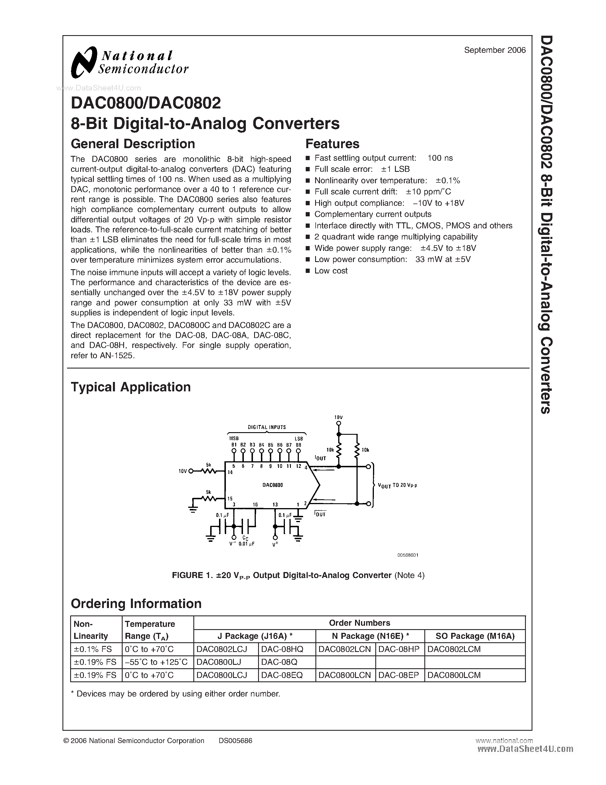 Datasheet DAC-0802 - 8-Bit Digital-to-Analog Converters page 1