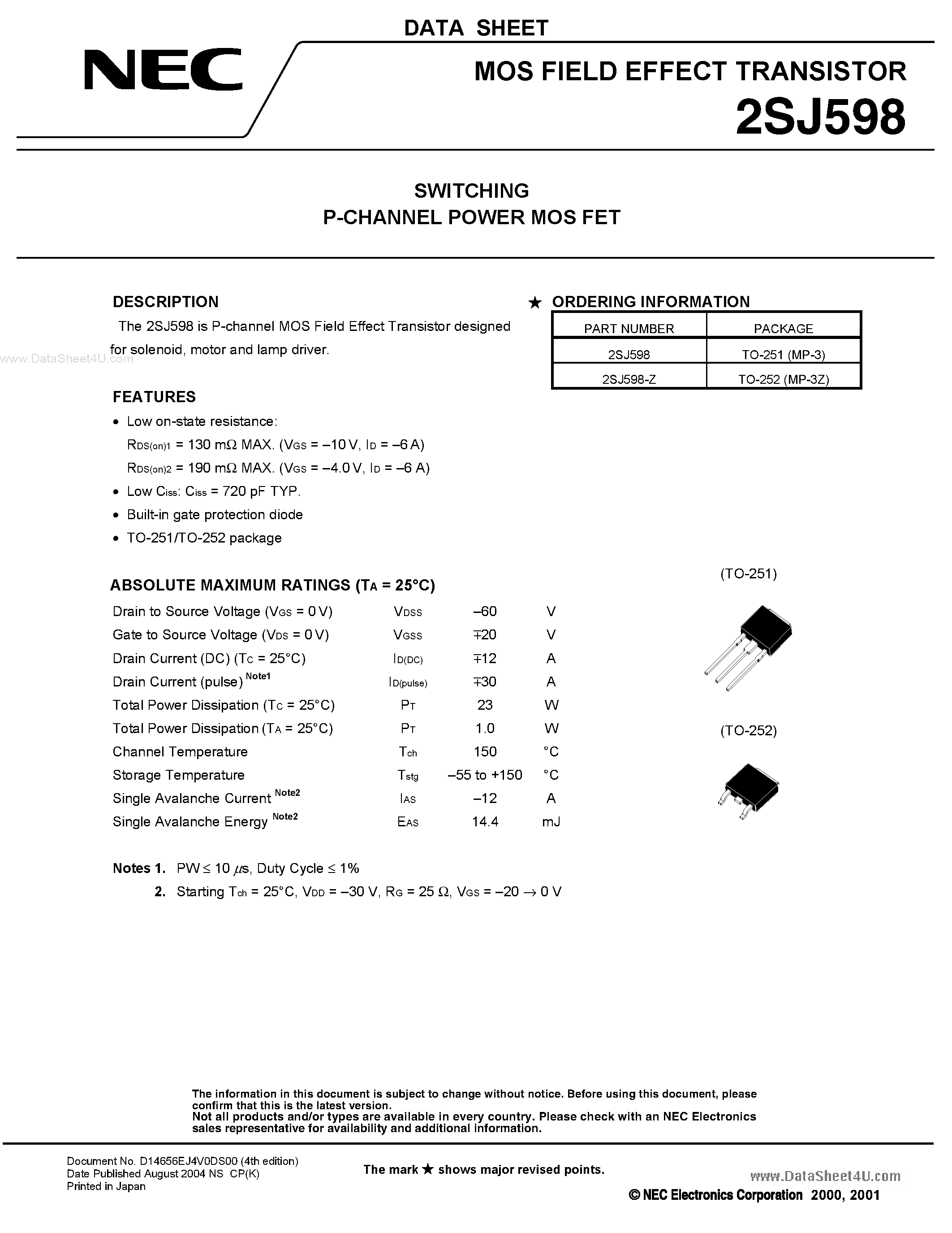 Datasheet 2SJ598 - SWITCHING P-CHANNEL POWER MOS FET page 1