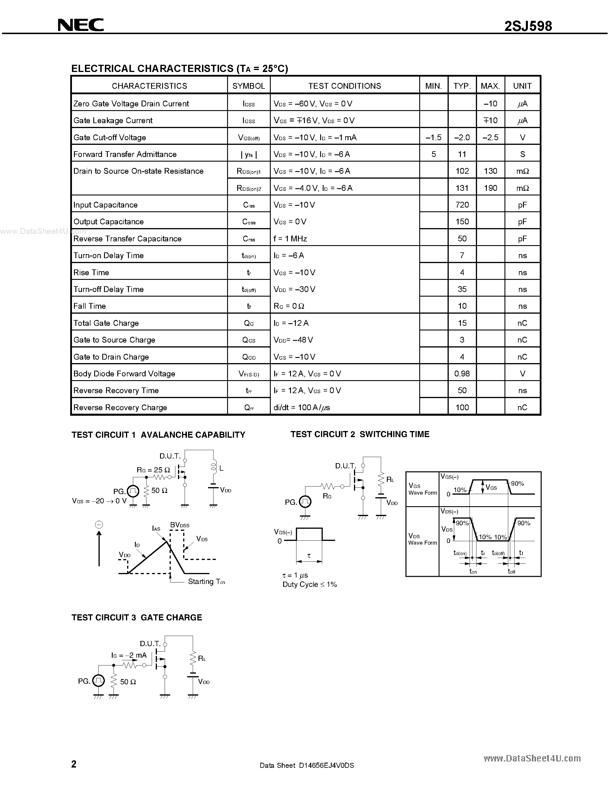 Datasheet 2SJ598 - SWITCHING P-CHANNEL POWER MOS FET page 2