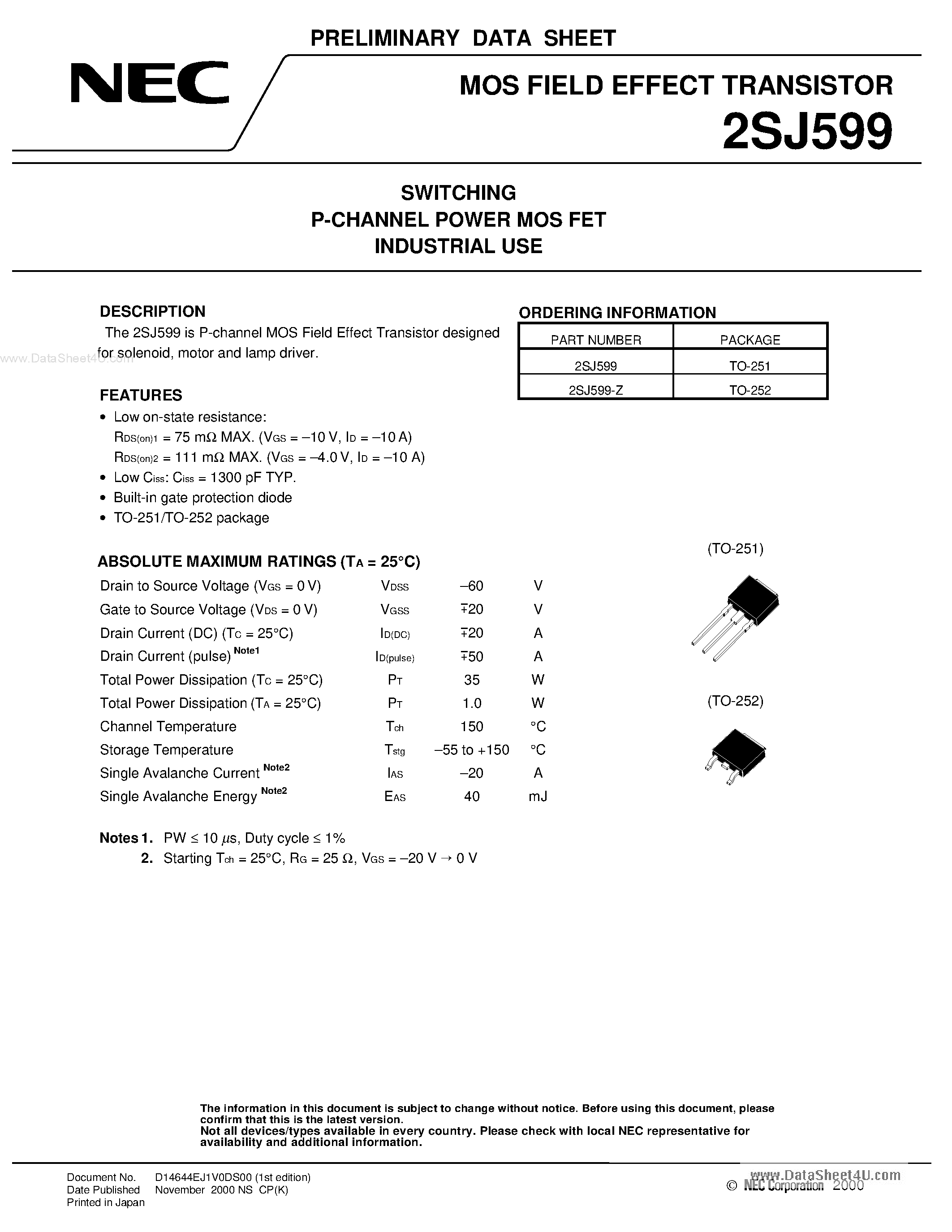 Даташит 2SJ599 - SWITCHING P-CHANNEL POWER MOS FET страница 1