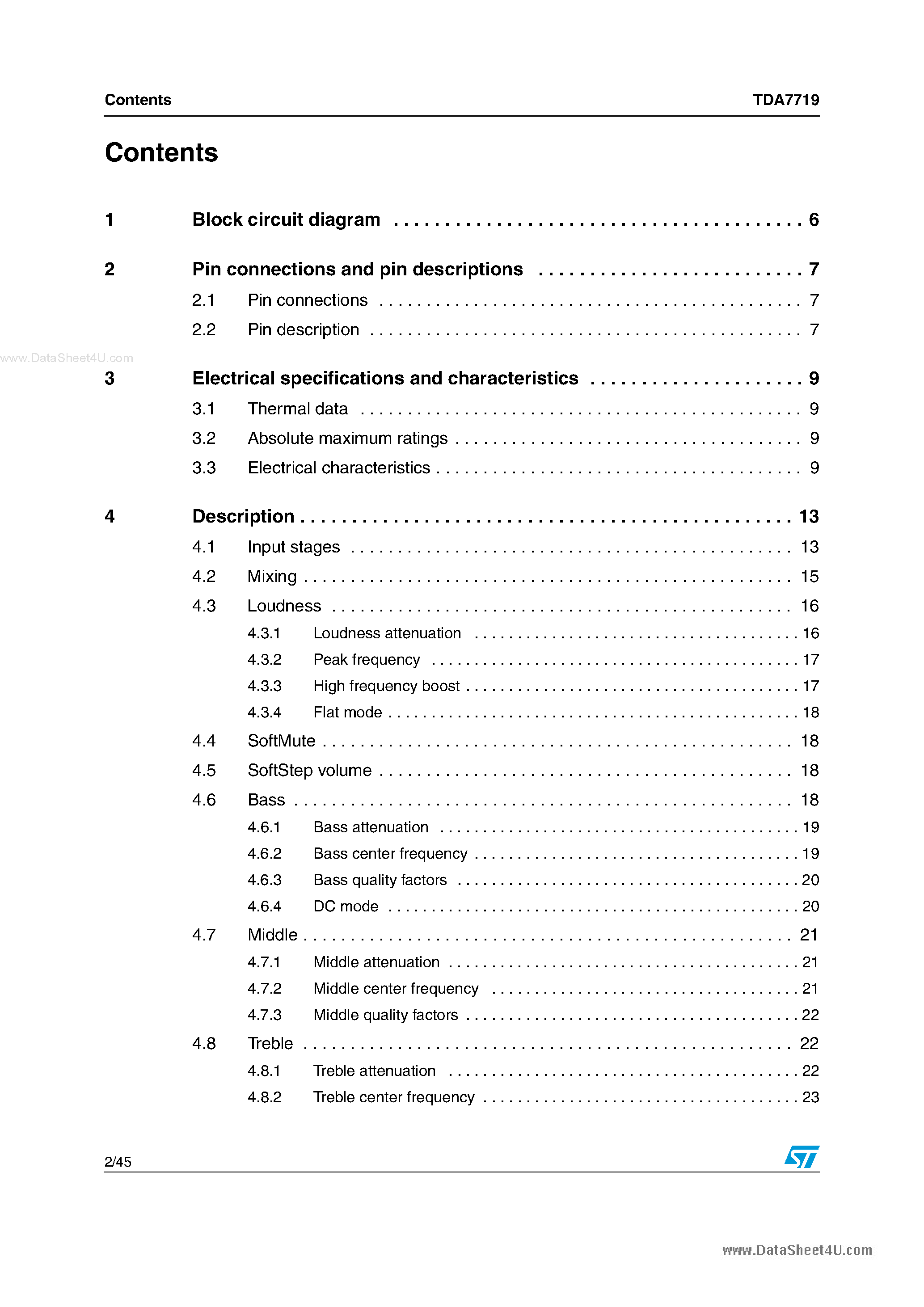 Даташит на микросхему TDA7719 страница 2 Даташит TDA7719 - 3 band car audio processor страница 2