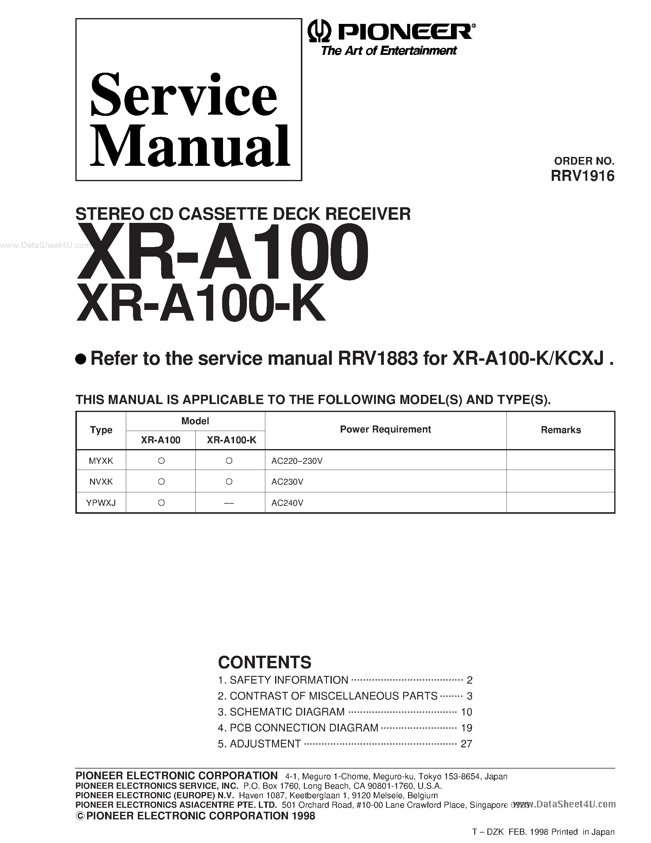 Datasheet XR-A100 - Stereo CD Cassette Deck Reciver page 1