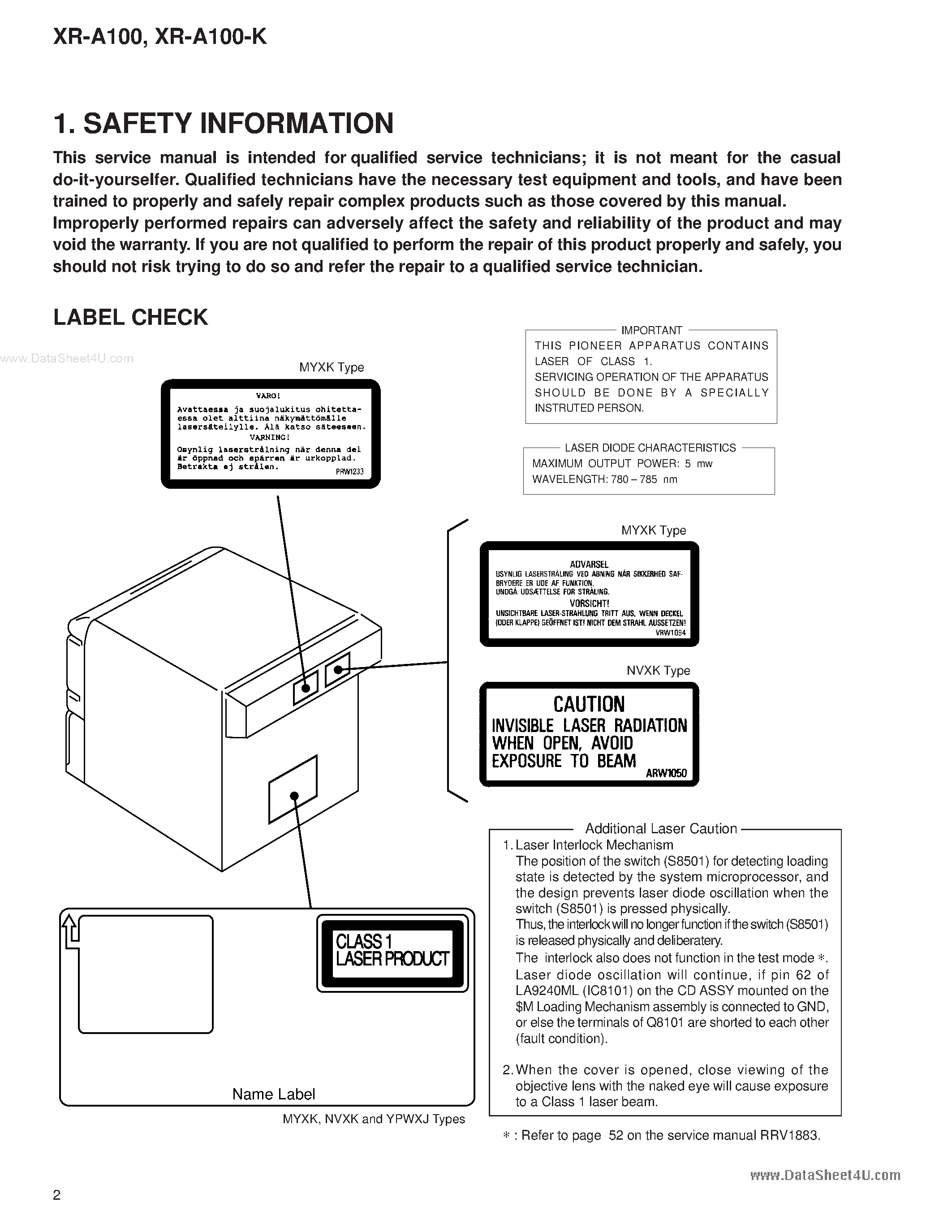 Datasheet XR-A100 - Stereo CD Cassette Deck Reciver page 2