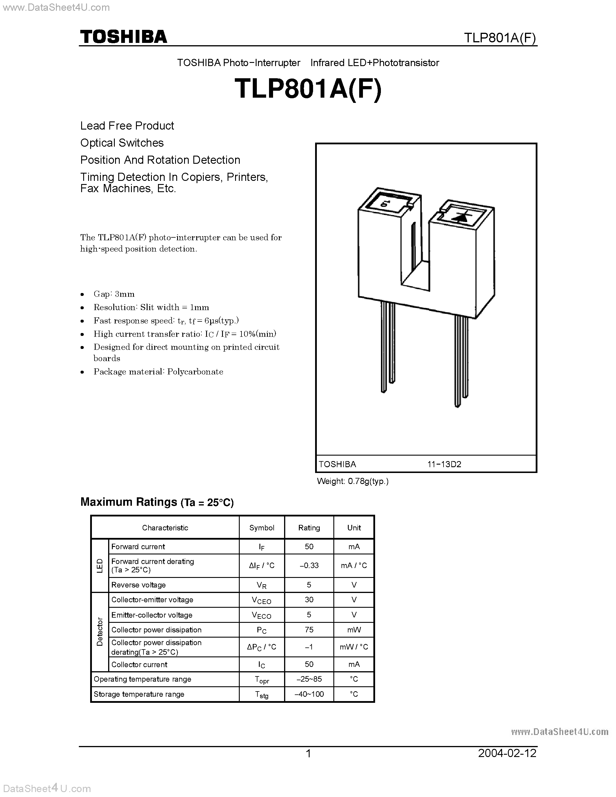 Datasheet TLP-801A - INFRARED LED + PHOTOTRANSISTOR page 1