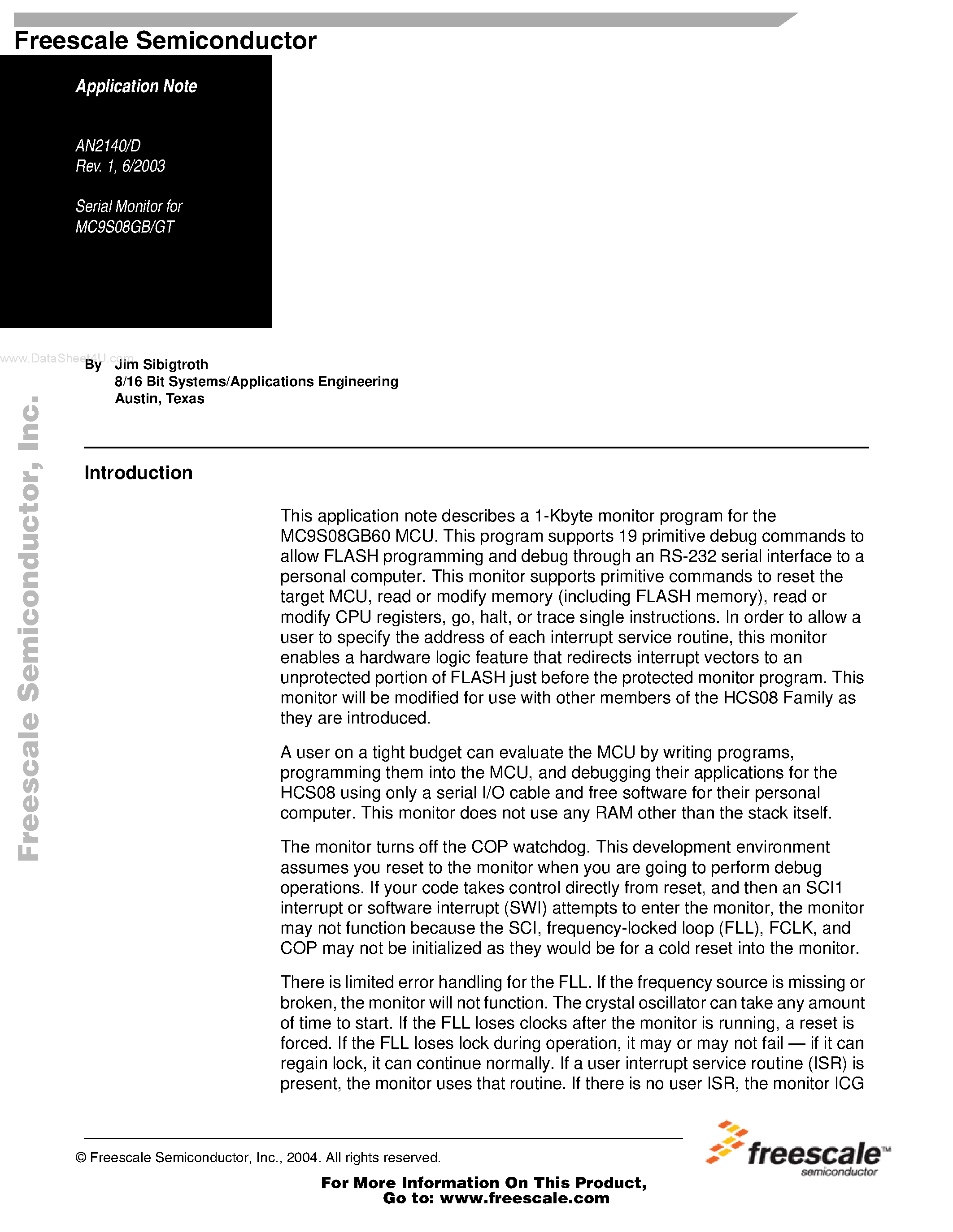 Datasheet AN2140 - Serial Monitor for MC9S08GB/GT page 1