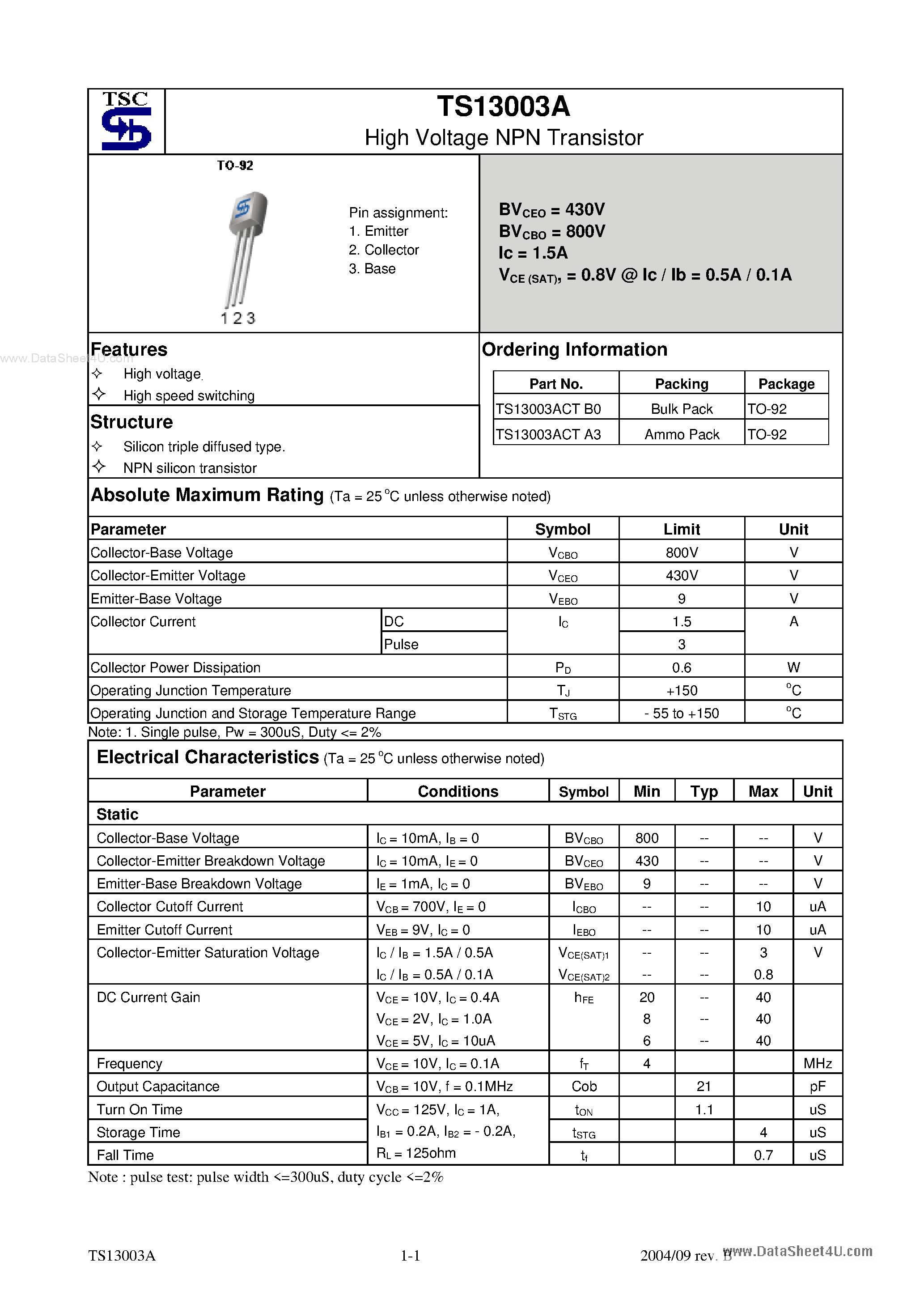 Даташит TS13003A - High Voltage NPN Transistor страница 1