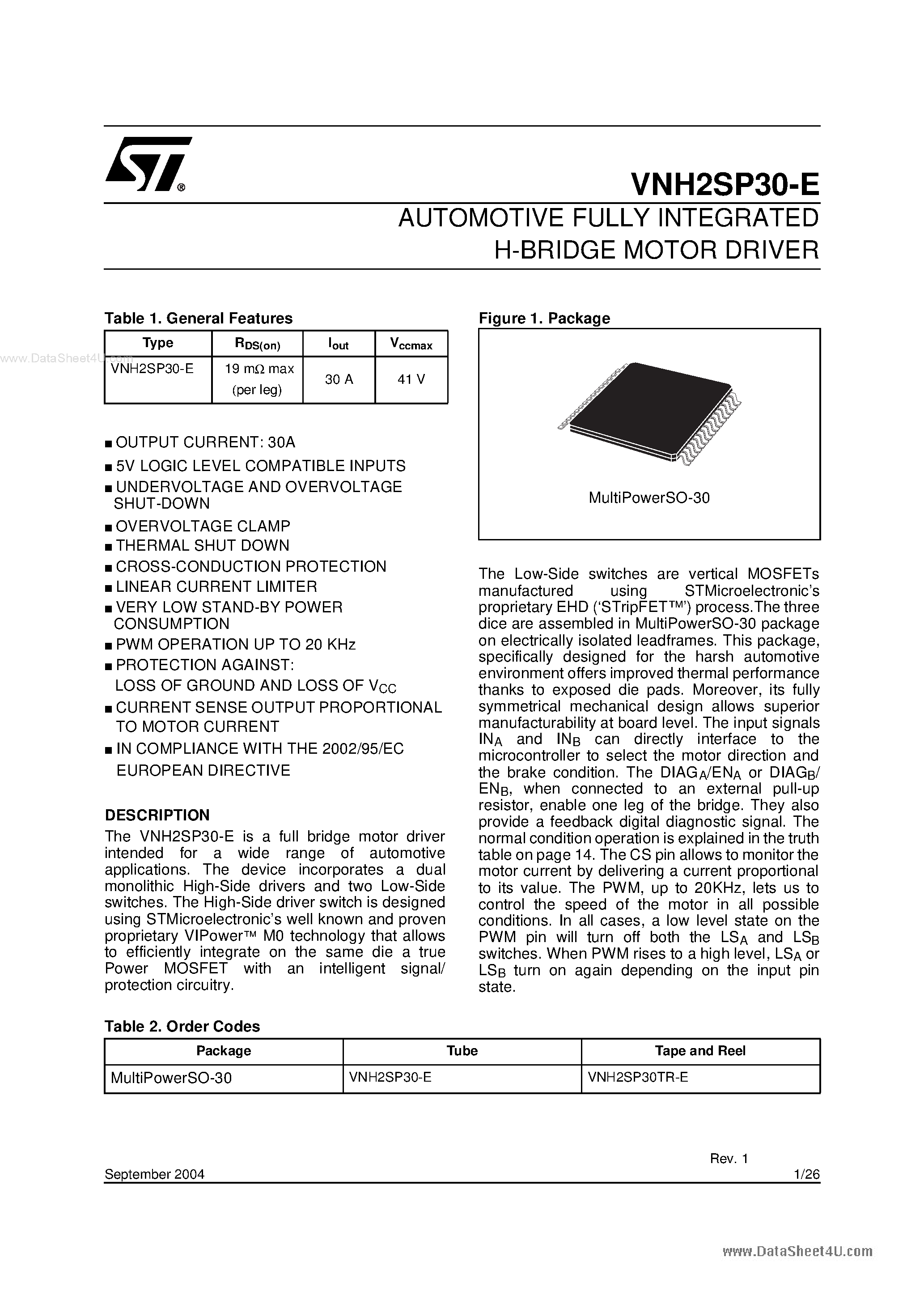 Даташит VNH2SP30-E - AUTOMOTIVE FULLY INTEGRATED H-BRIDGE MOTOR DRIVER страница 1