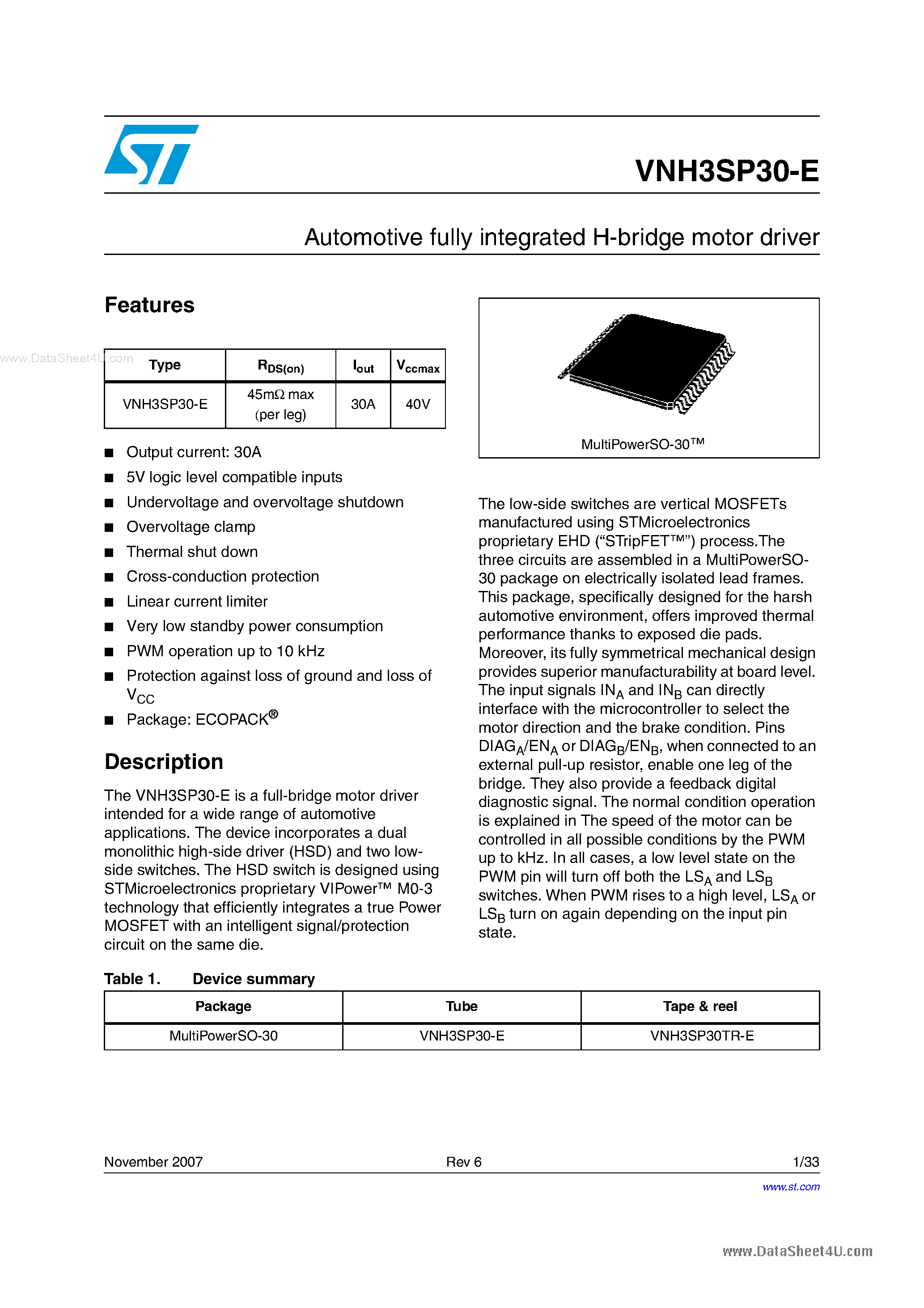 Даташит VNH3SP30-E - AUTOMOTIVE FULLY INTEGRATED H-BRIDGE MOTOR DRIVER страница 1