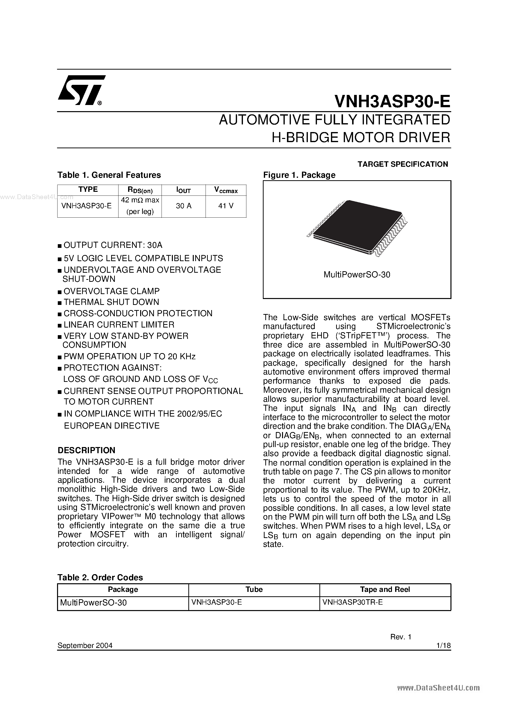 Даташит VNH3ASP30-E - AUTOMOTIVE FULLY INTEGRATED H-BRIDGE MOTOR DRIVER страница 1