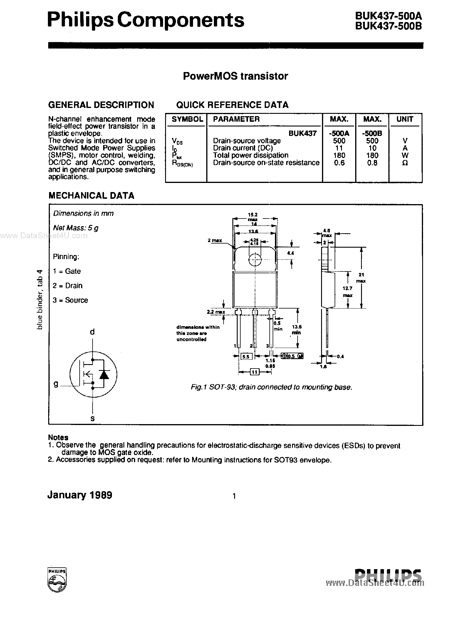 Datasheet BUK437-500A - (BUK437-500A/B) Power MOS Transistor page 1