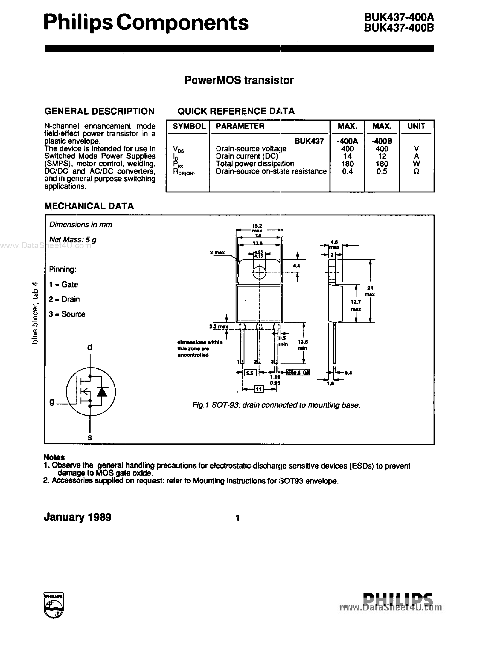 Datasheet BUK437-400A - (BUK437-400A/B) Power MOS Transistor page 1