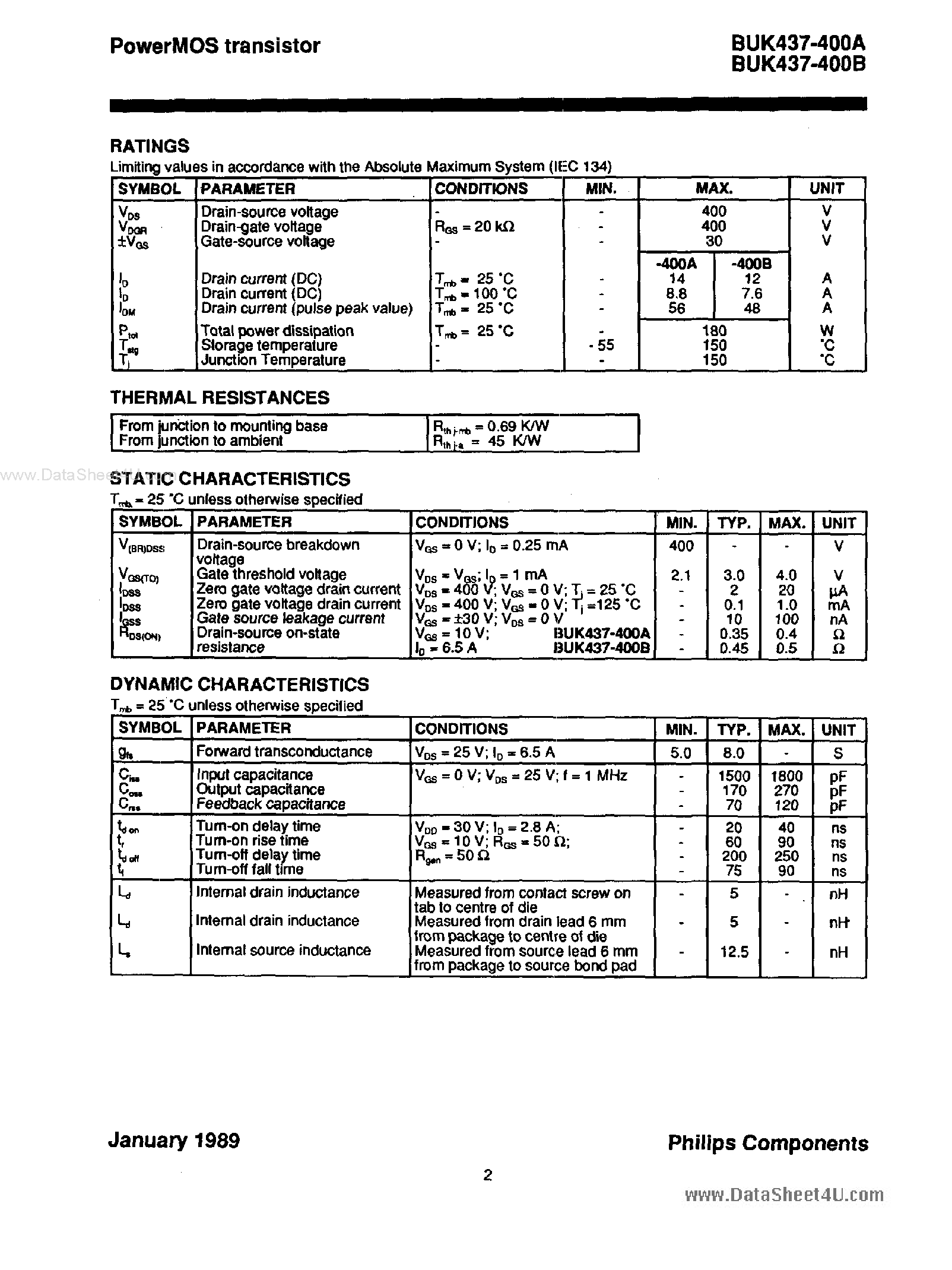 Datasheet BUK437-400A - (BUK437-400A/B) Power MOS Transistor page 2