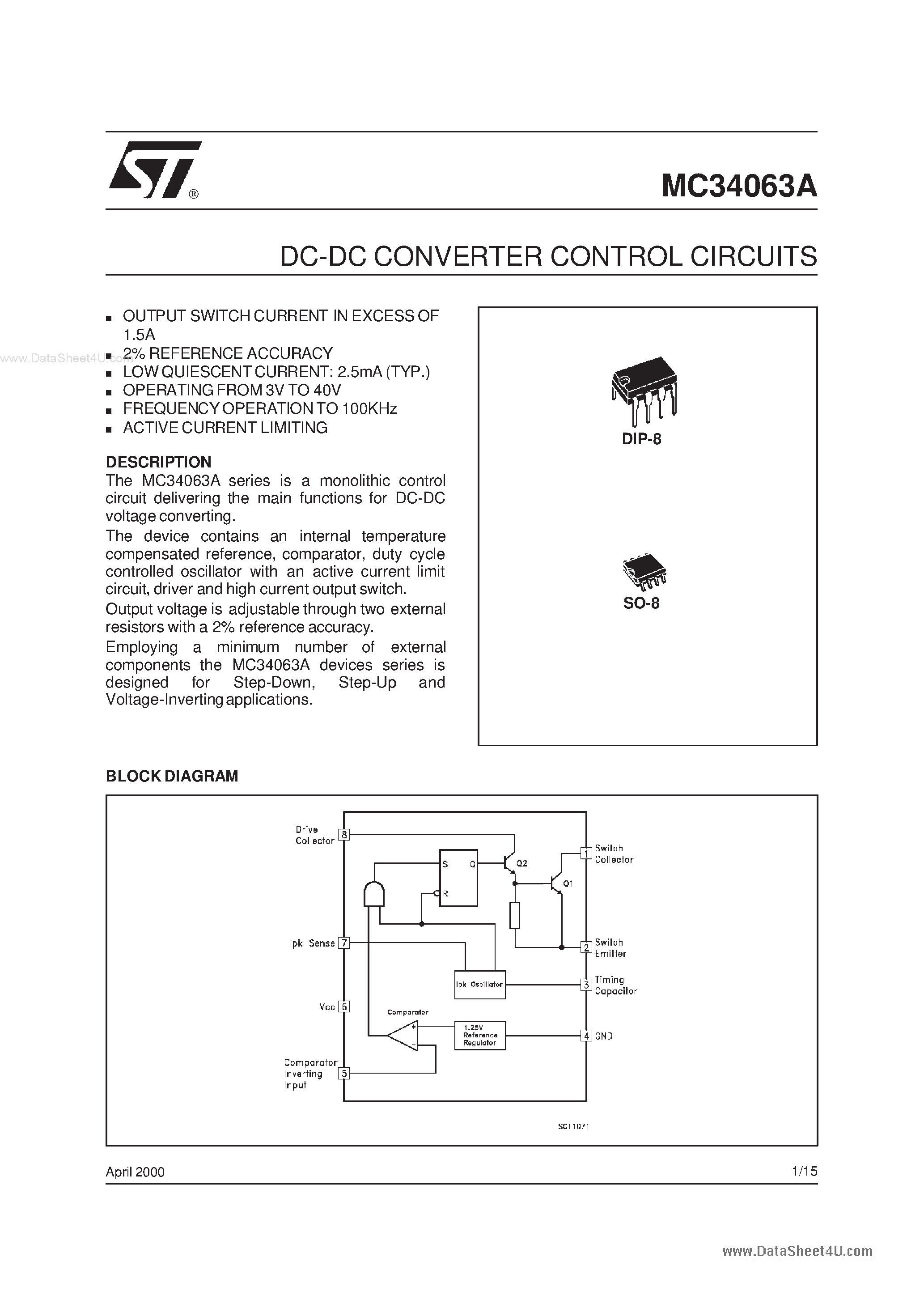 Даташит MC34063A - DC-DC CONVERTER CONTROL CIRCUITS страница 1