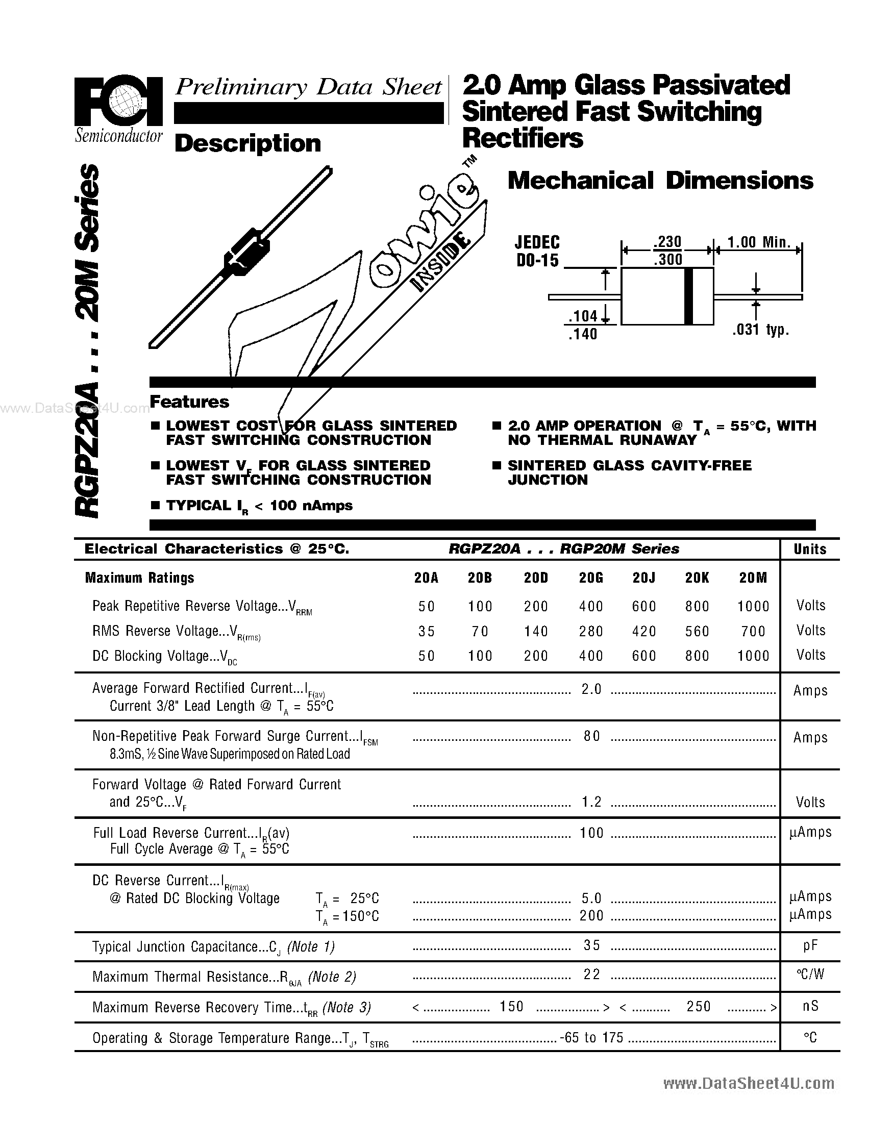 Даташит RGPZ20A - (RGPZ20x) 2.0 Amp Glass Passivated Sintered Fast Switching Rectifiers Mechanical Dimensions страница 1