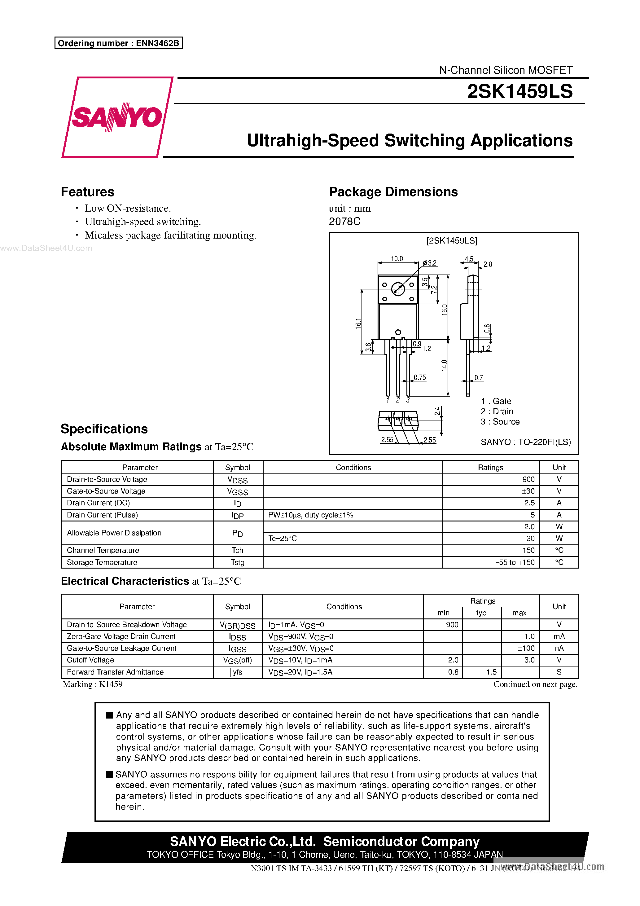 Datasheet 2SK1459LS - Ultrahigh-Speed Switching Applications page 1