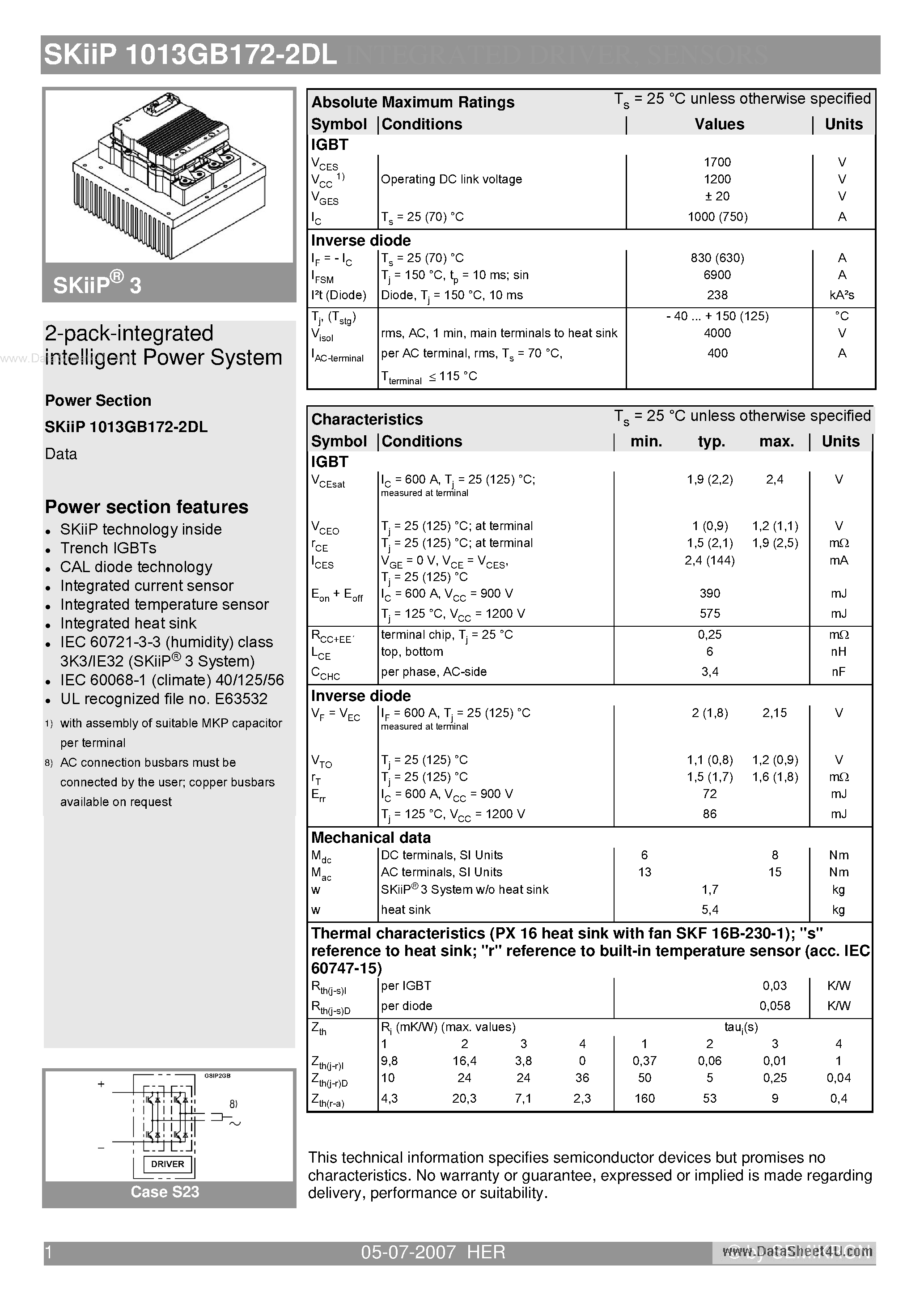 Даташит SKIIP1013GB172-2DL - 2-pack-integrated intelligent Power System страница 1