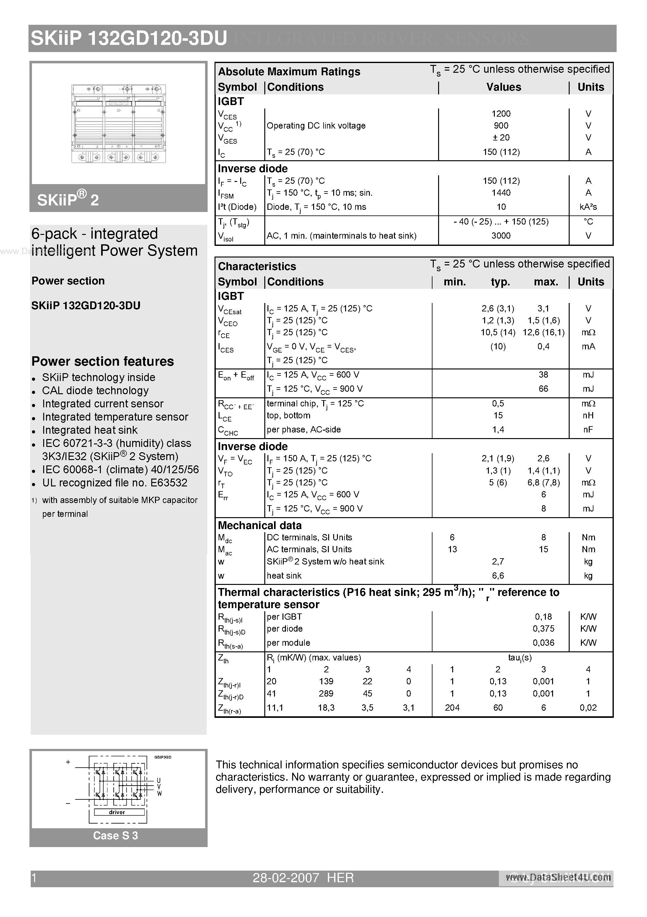 Даташит SKIIP132GD120-3DU - 6-pack - integrated intelligent Power System страница 1