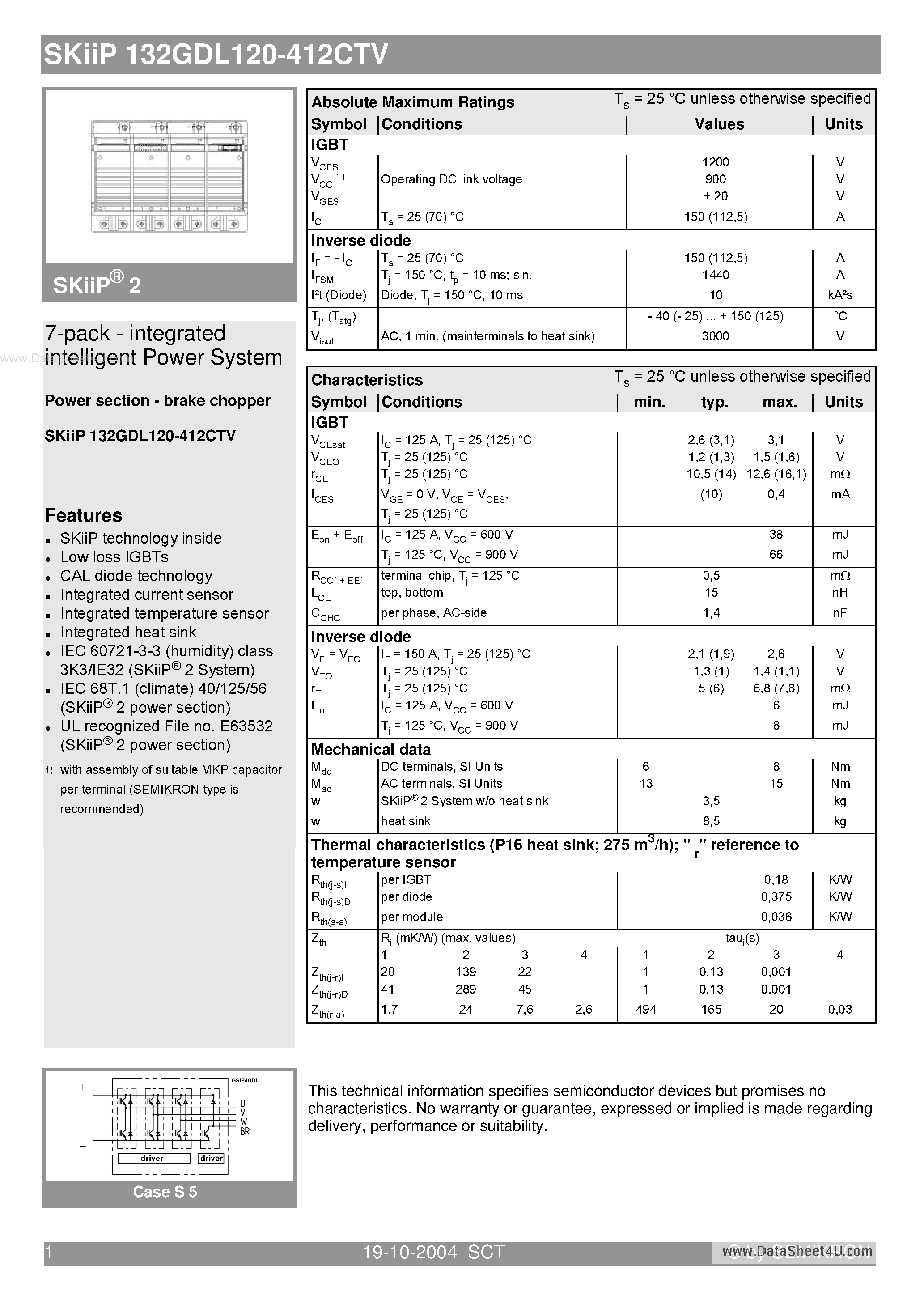 Datasheet SKIIP132GDL120-412CTV - 7-pack - integrated intelligent Power System page 1