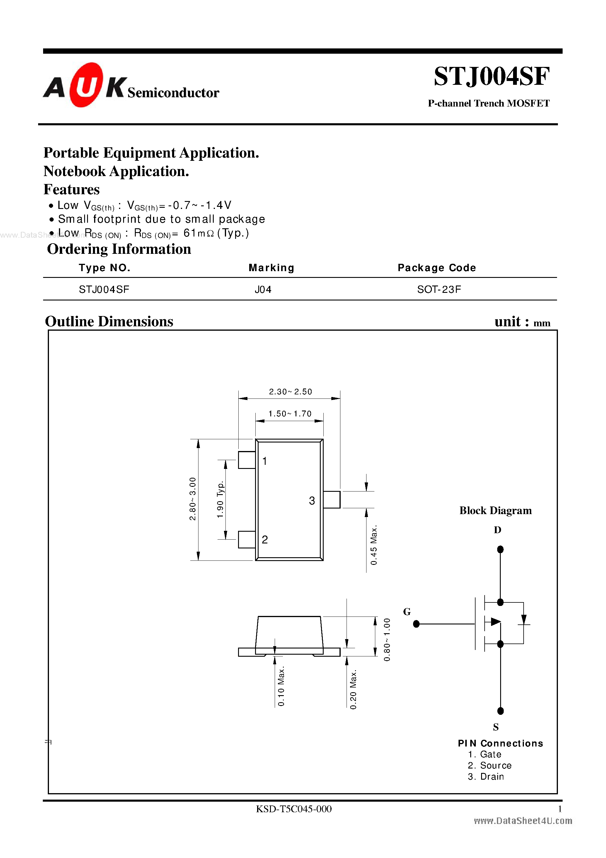 Даташит STJ004SF - P-channel Trench MOSFET страница 1