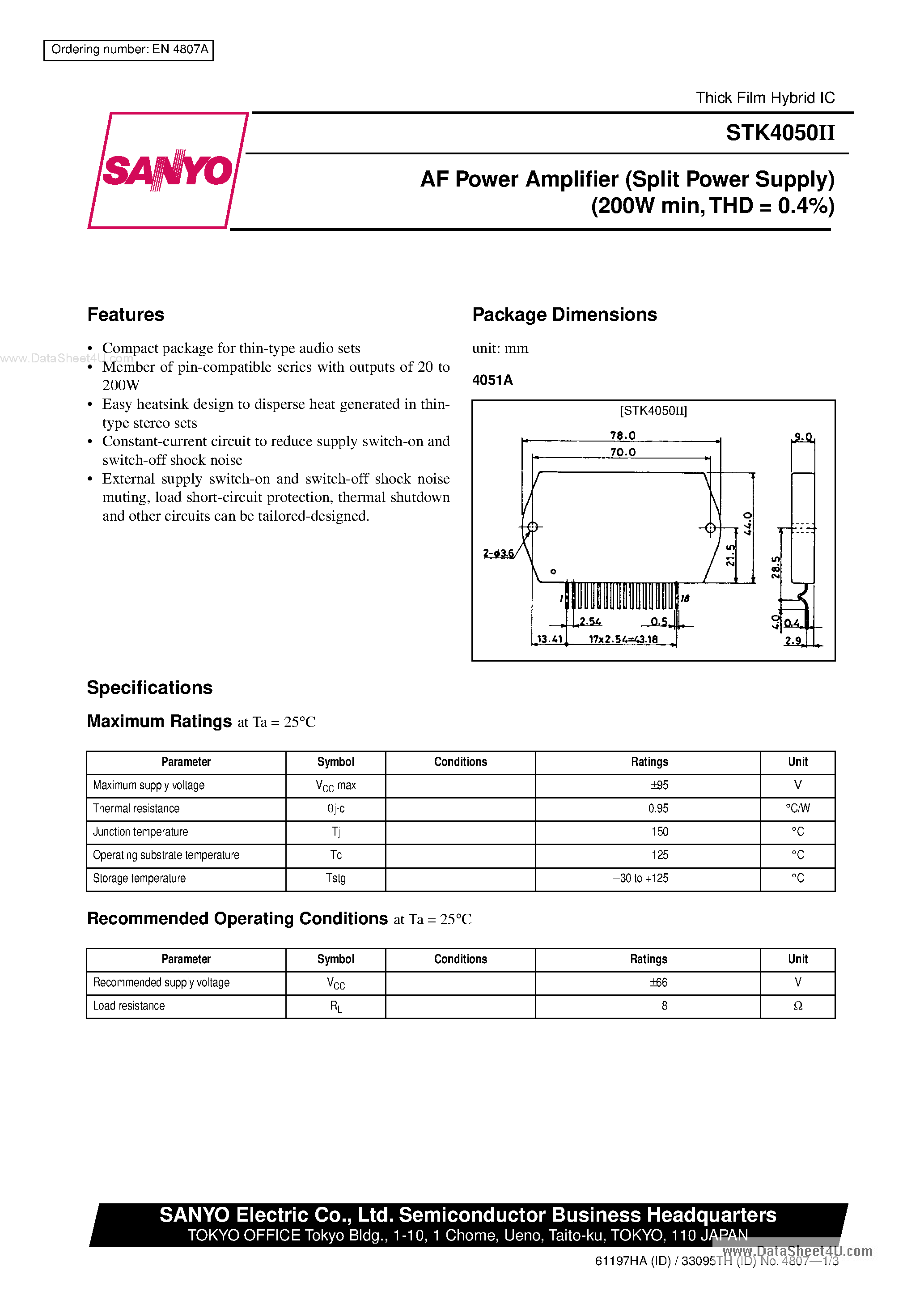 Datasheet STK4050II - AF Power Amplifier page 1